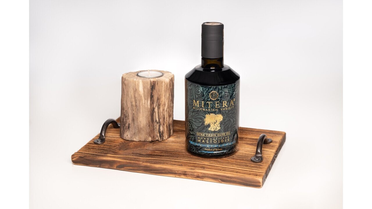 Beautiful, reclaimed wood tray made from weathered barn wood with Mastoidis EVOO