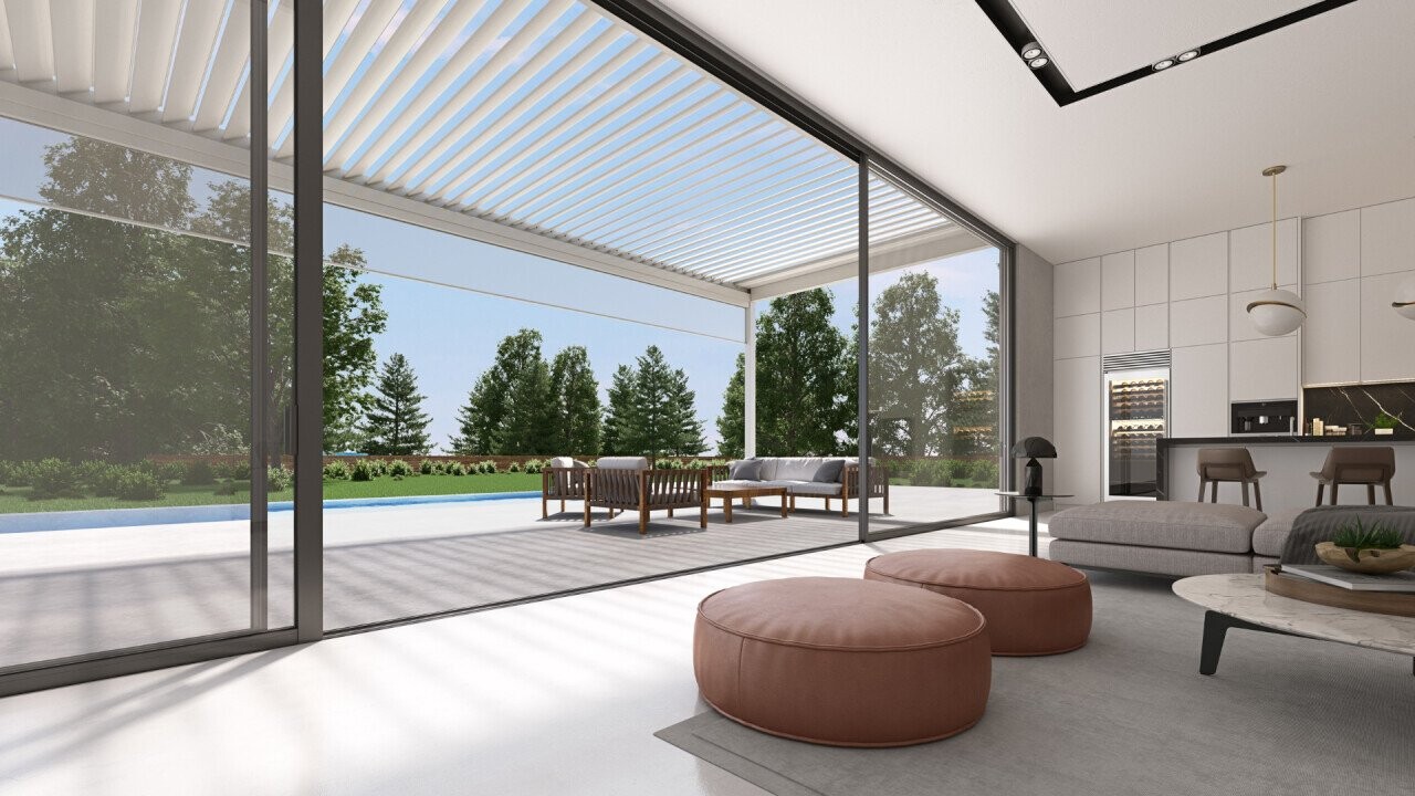 The automatic louvers not only provide protection against weather conditions but also allow for individual adjustment of light exposure. Enjoy the symbiosis of a stylish kitchen ambiance and the unparalleled connection to the garden through the louvered roof.