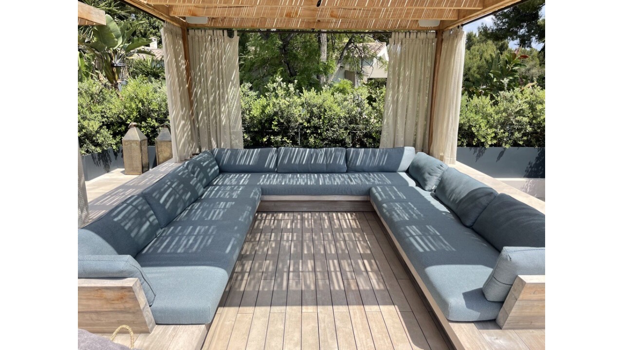 Teak Kobe Lounge with weatherproof cushions and curtains