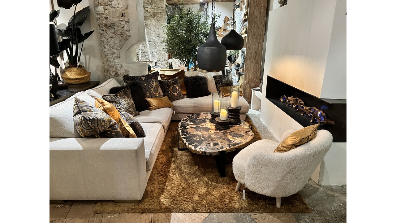 Custom made Sofa for Indoor, Umekomi Lounge chair and Petrified wood Coffee table