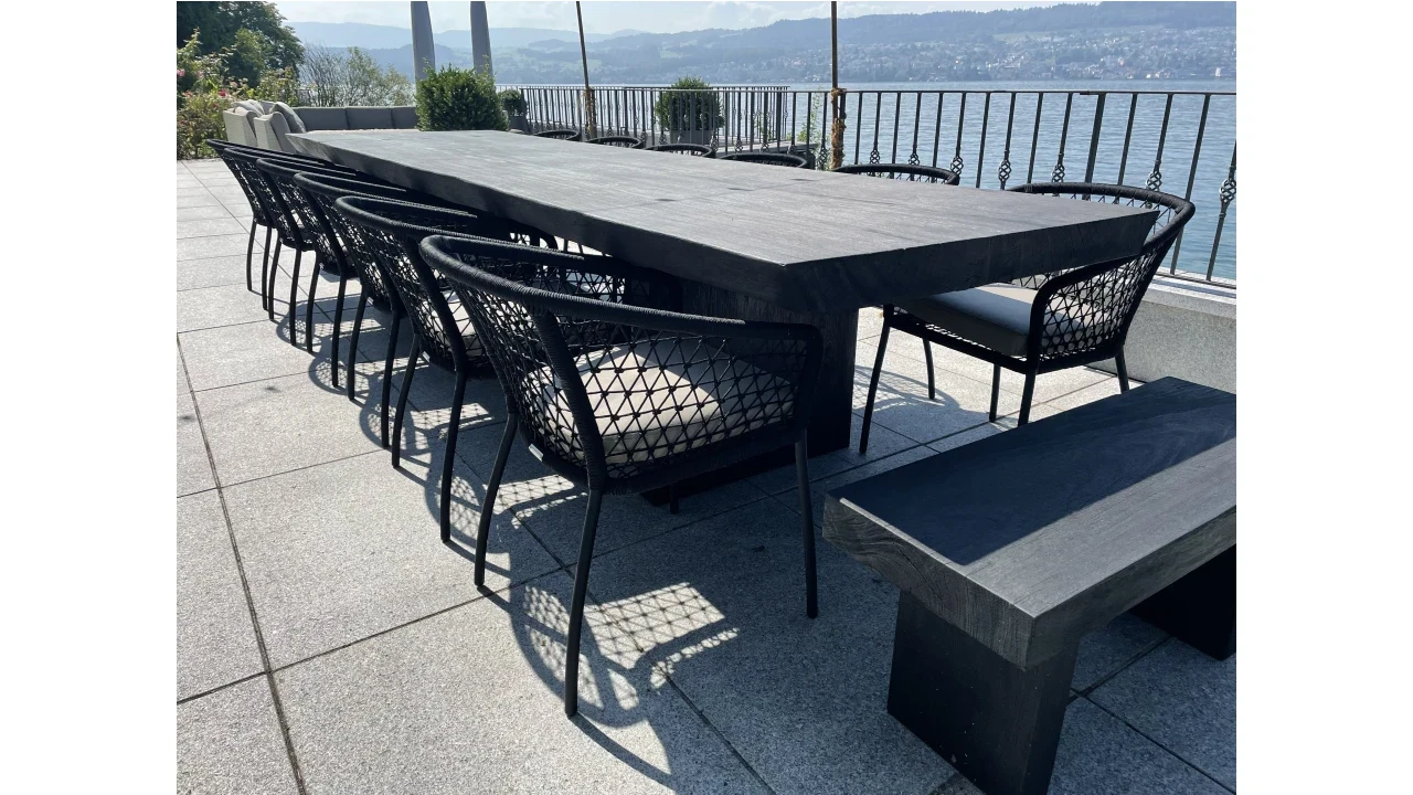 Merbau wood Table one piece top, burned black, Puspa chairs