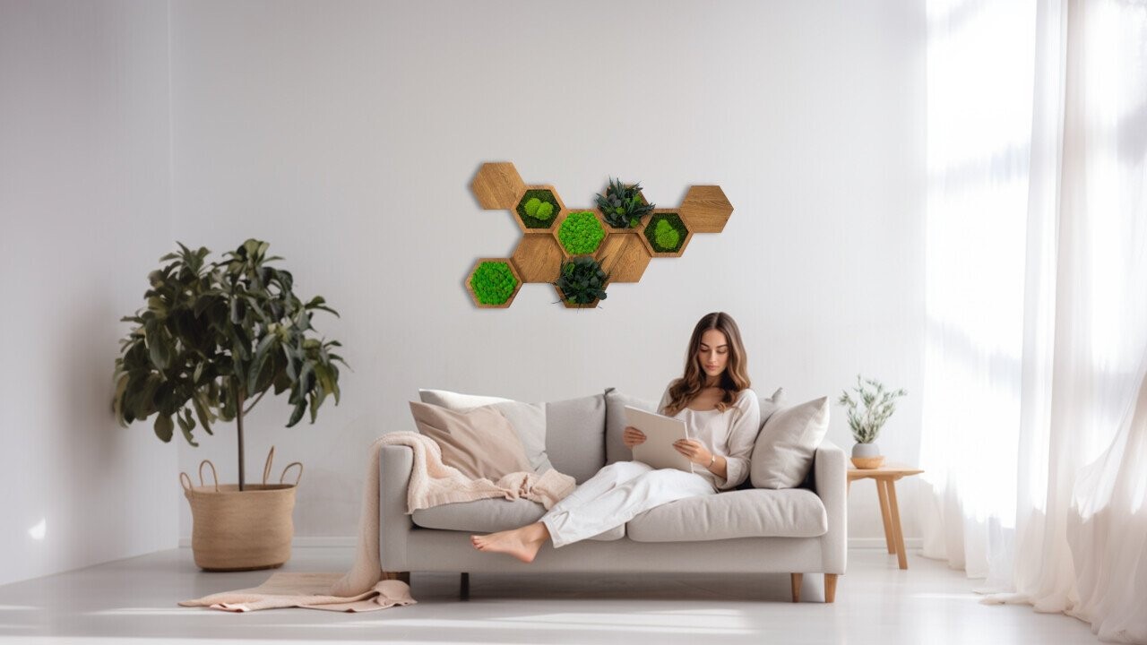 Hexagon wall panels made of moss and fine oak wood