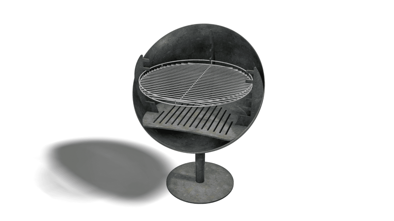 "Bubblegrill" aus Stahl oder Edelstahl, drehbar mit verstellbarem Edelstahl Grillrost