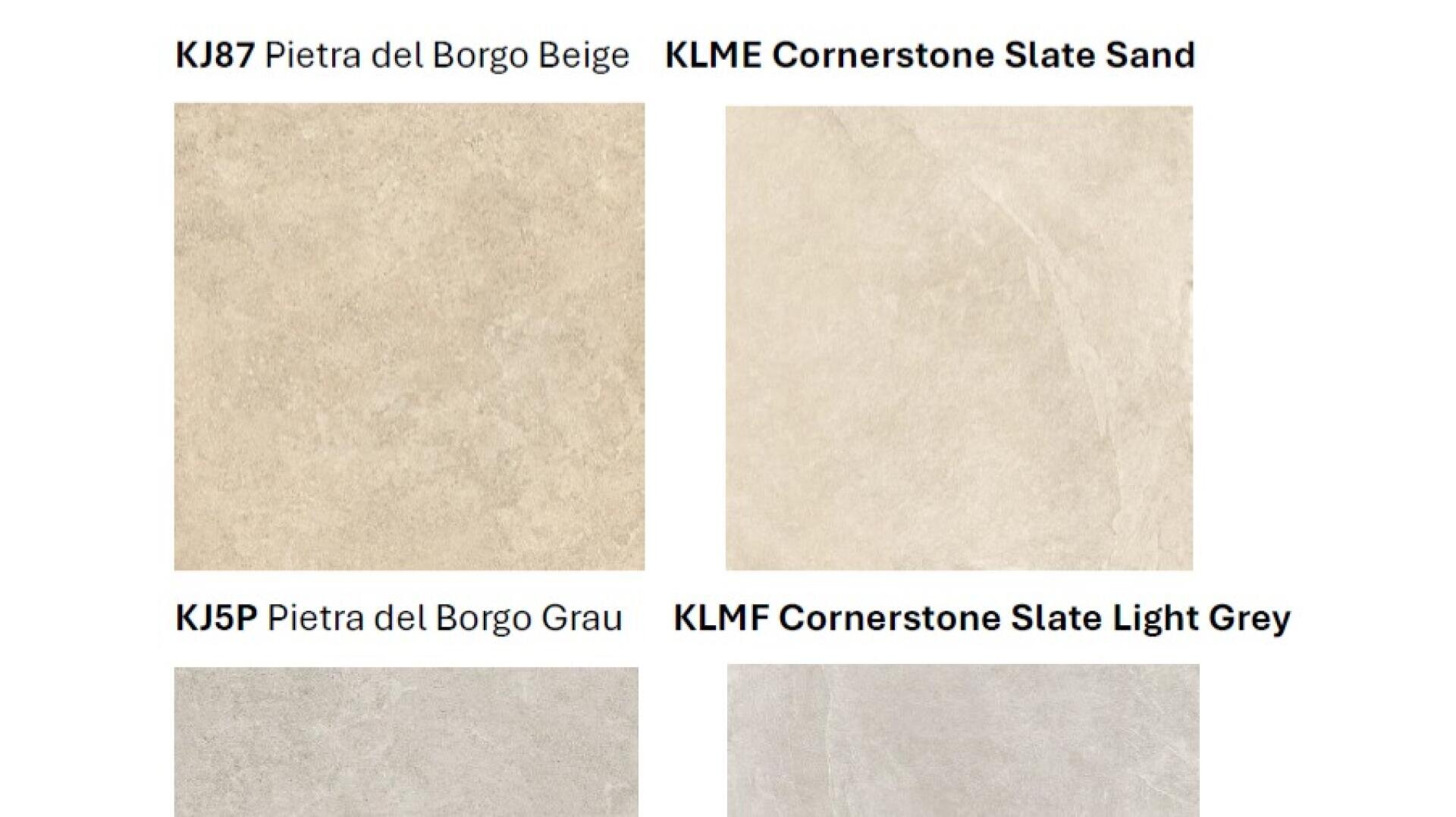 Four square tiles are shown: Pietra del Borgo Beige (top left), Cornerstone Slate Sand (top right), Pietra del Borgo Grau (bottom left), and Cornerstone Slate Light Grey (bottom right).