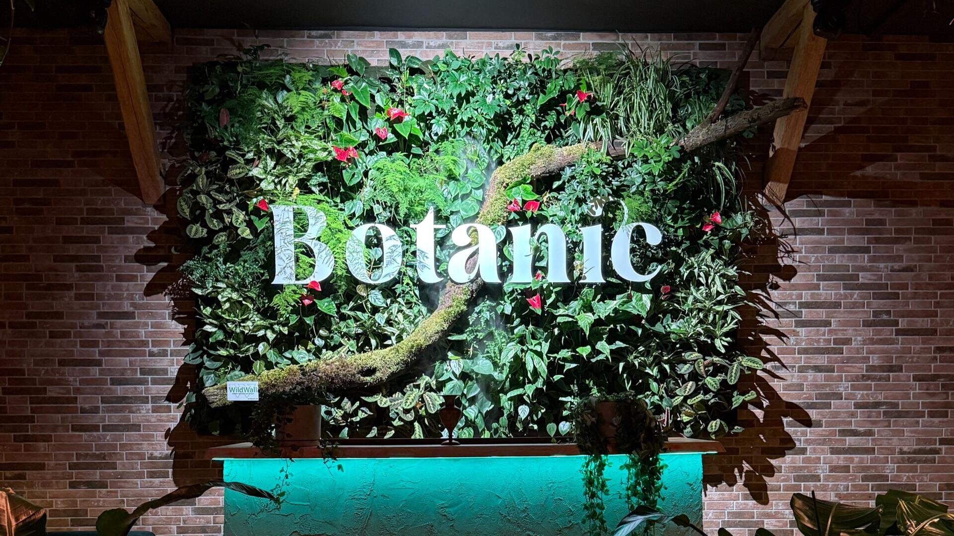 A lush green wall of plants with small red flowers and a moss-covered branch displays the word Botanic in large white letters in front of a brick wall with turquoise lighting underneath.