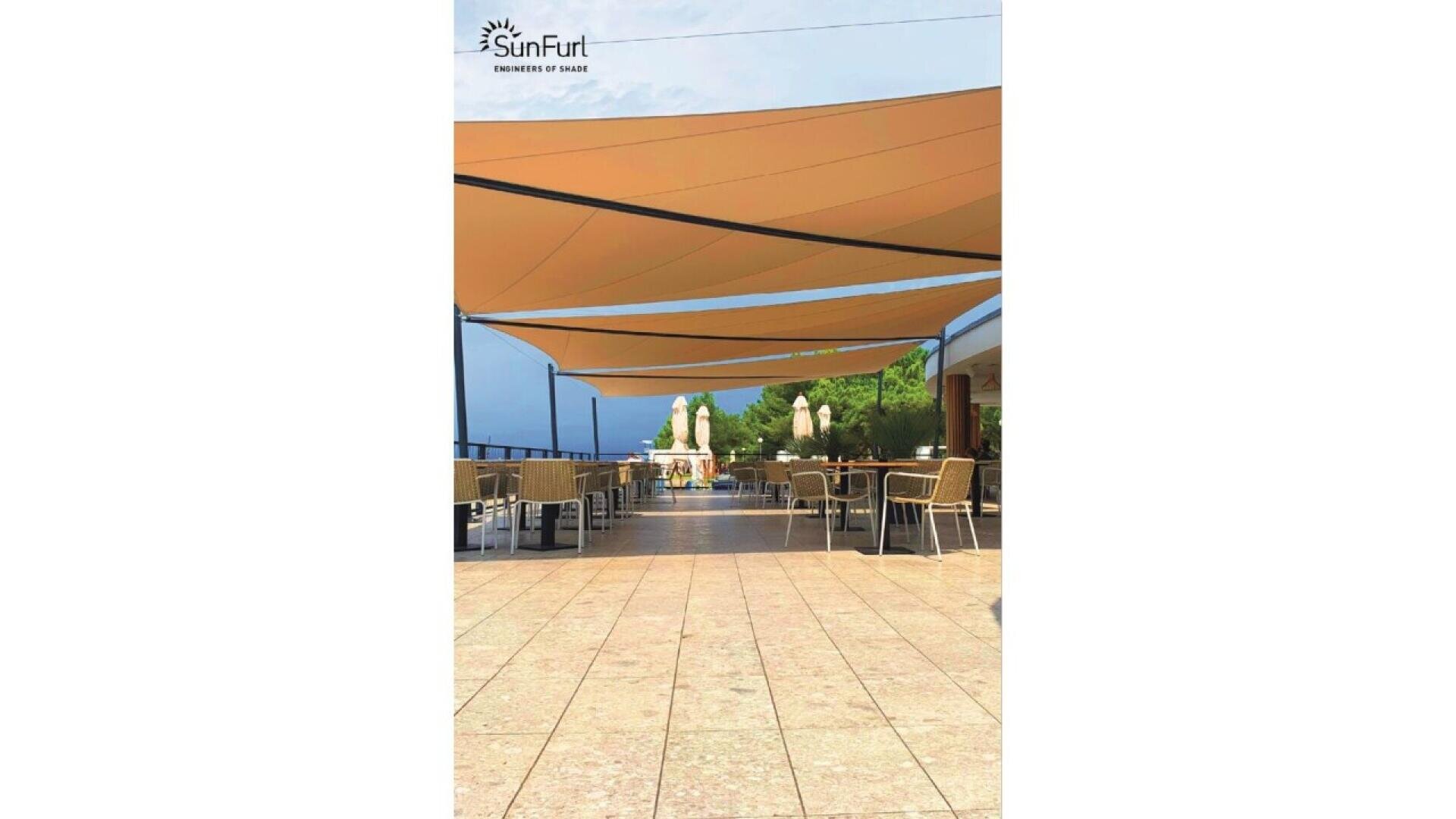 Outdoor patio with tables and chairs under large overlapping tan shade sails. Trees are visible in the background, and the SunFurl logo is in the top left corner. The scene appears bright and inviting.
