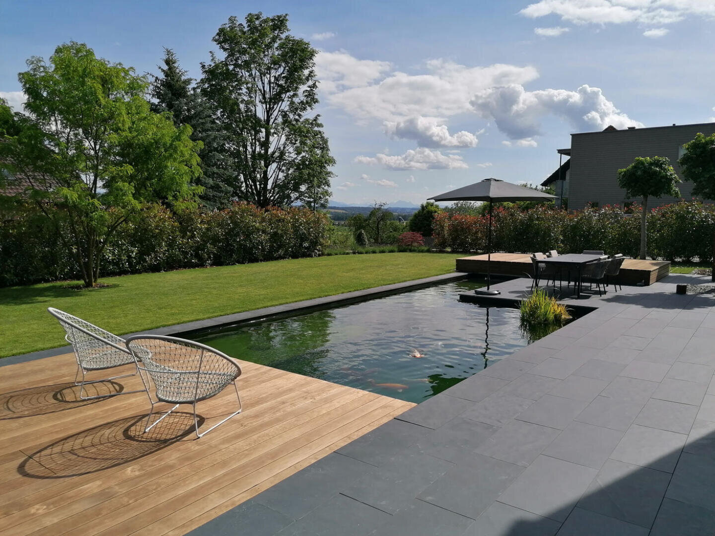 Ein moderner Garten mit einem rechteckigen Pool, einer Holzterrasse, zwei Drahtstühlen, einem Terrassentisch mit Sonnenschirm und einem üppigen grünen Rasen, der von Bäumen und Sträuchern gesäumt wird, unter einem teilweise bewölkten Himmel.