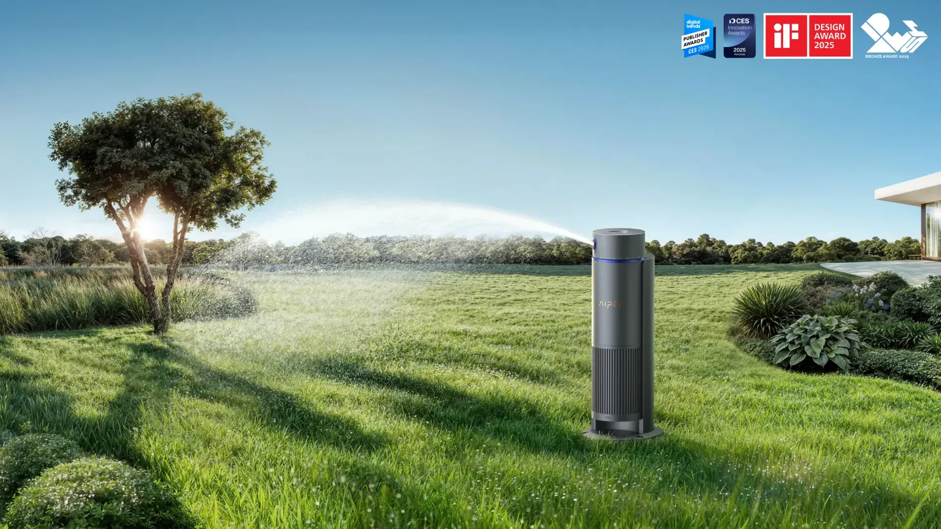 A sleek, modern air purifier stands on a lush green lawn surrounded by trees and plants, with sunlight streaming through the scene and several price logos in the upper right corner.