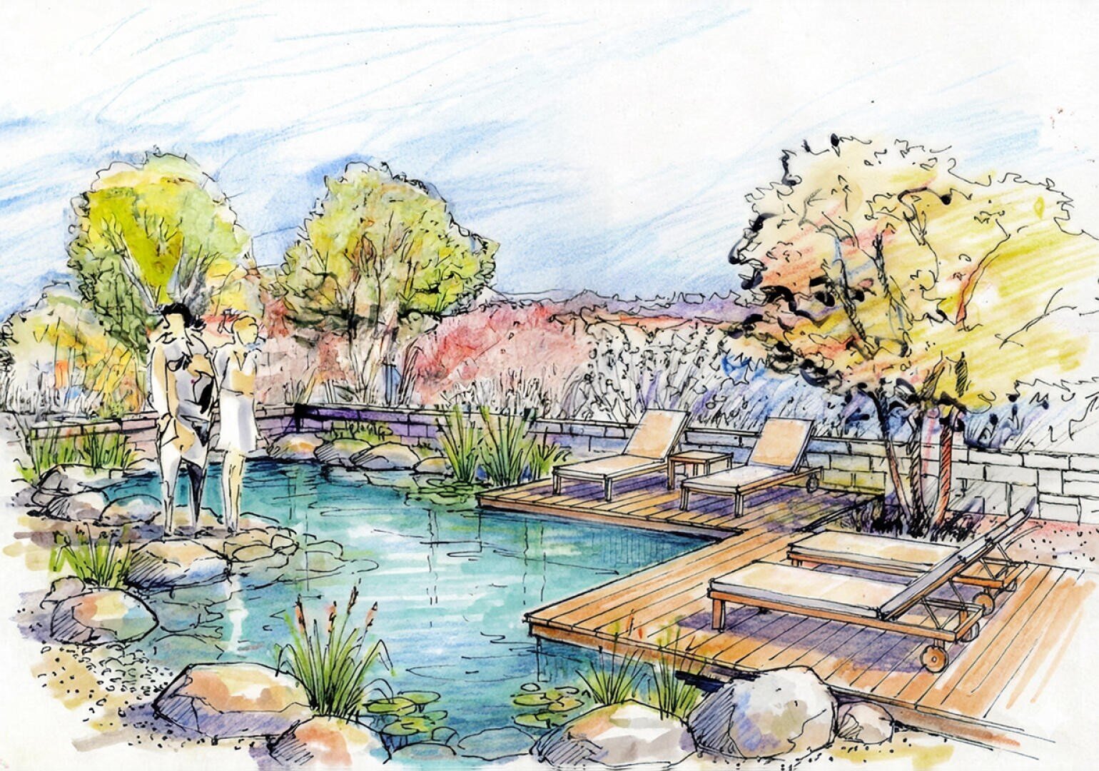 Eine handgezeichnete Illustration eines natürlichen Schwimmbeckens, umgeben von Felsen, Pflanzen und Bäumen. Zwei Personen stehen am Wasser, und mehrere Liegestühle stehen auf einem Holzdeck mit Blick auf den Pool.