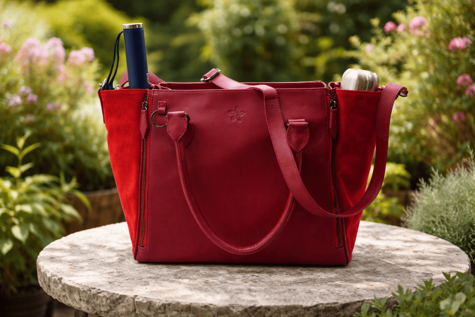Eine rote Tragetasche mit Schulterriemen liegt auf einem Steintisch im Freien, umgeben von Grünzeug und rosa Blumen. Die Tasche enthält eine silberne Flasche und einen blauen zylindrischen Gegenstand, die beide teilweise sichtbar sind.