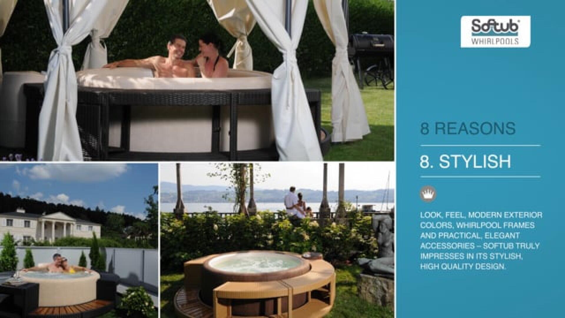 A collage showing people relaxing in stylish outdoor Softub whirlpools, with elegant settings including a garden with drapes, a lakeside view, and a landscaped yard. Text highlights the stylish design of Softub whirlpools.