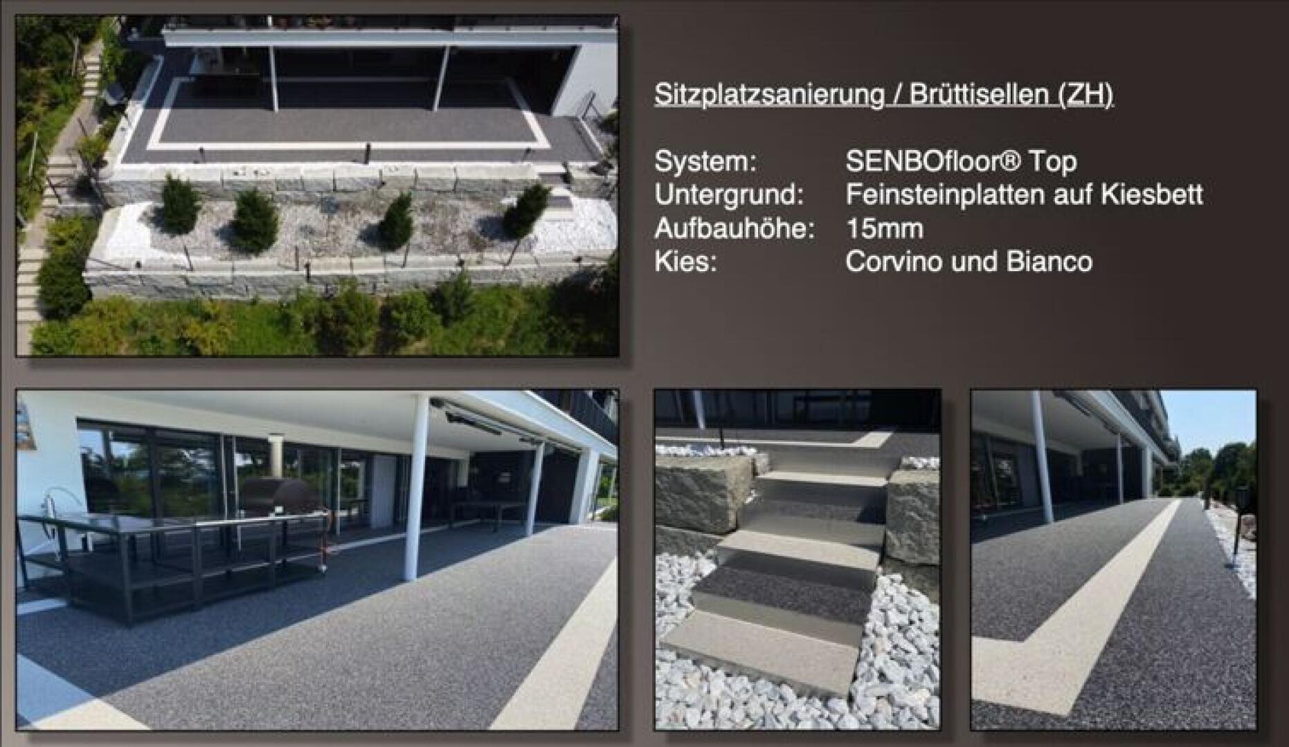 A patio renovation with fine stone pavers in gray and white. Includes a large patio view, close-ups of the surface texture, and borders with white gravel under a modern building. Text provides project and material details.