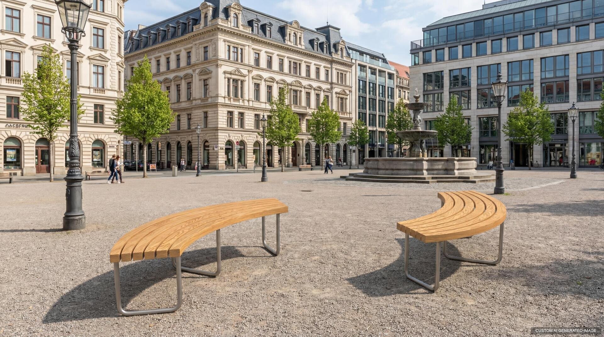 A town square with modern curved wooden benches, a large stone fountain, trees and historic buildings in the background; a few people take a stroll and relax in the open, sunny square.