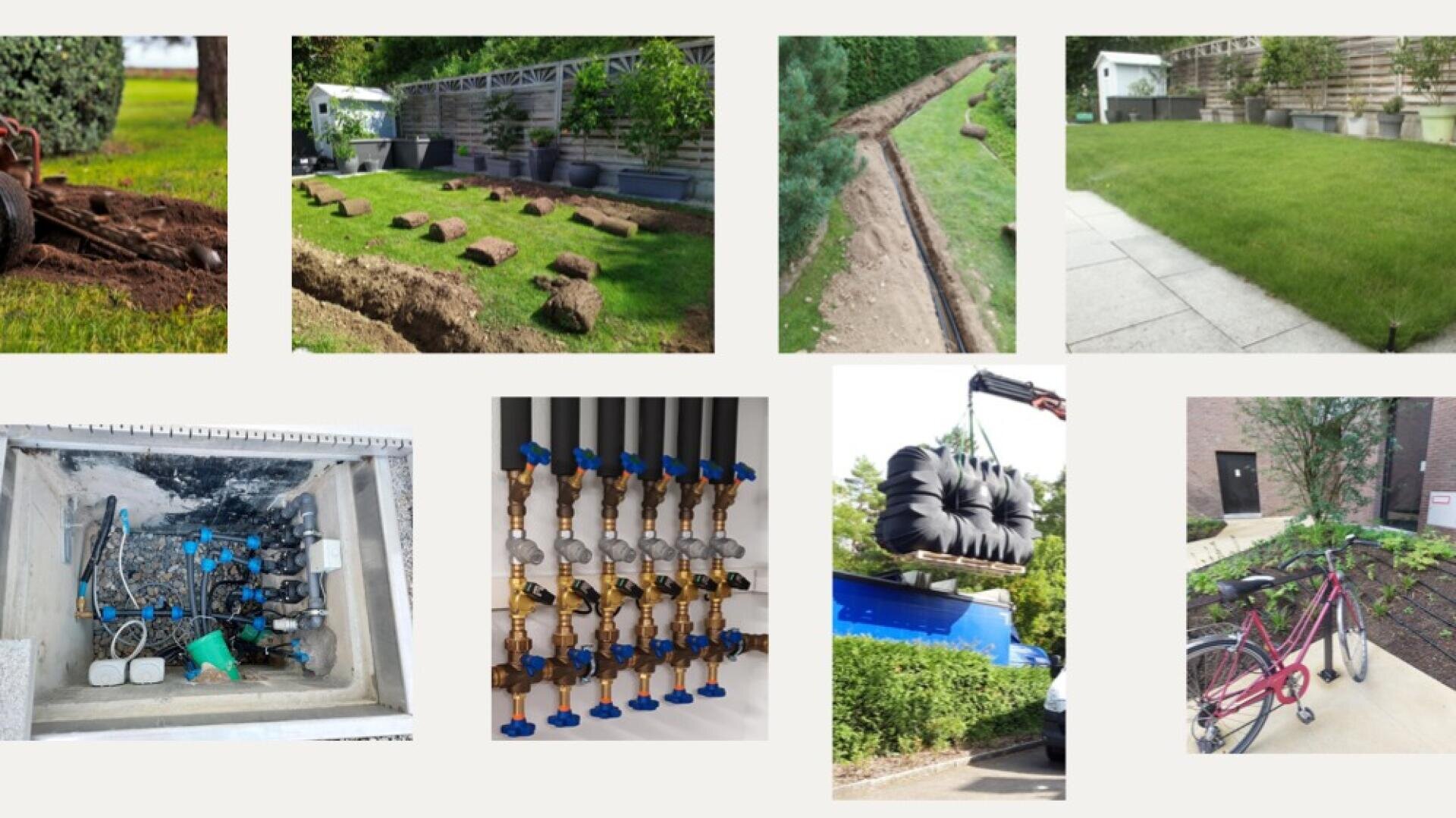 Eine Collage, die die Installation eines Rasens, die Einrichtung eines unterirdischen Bewässerungssystems, einen Schaltkasten mit Ventilen, mechanische Teile, die Anlieferung von Reifen mit einem Kran und ein in der Nähe von Grünflächen abgestelltes Fahrrad zeigt.