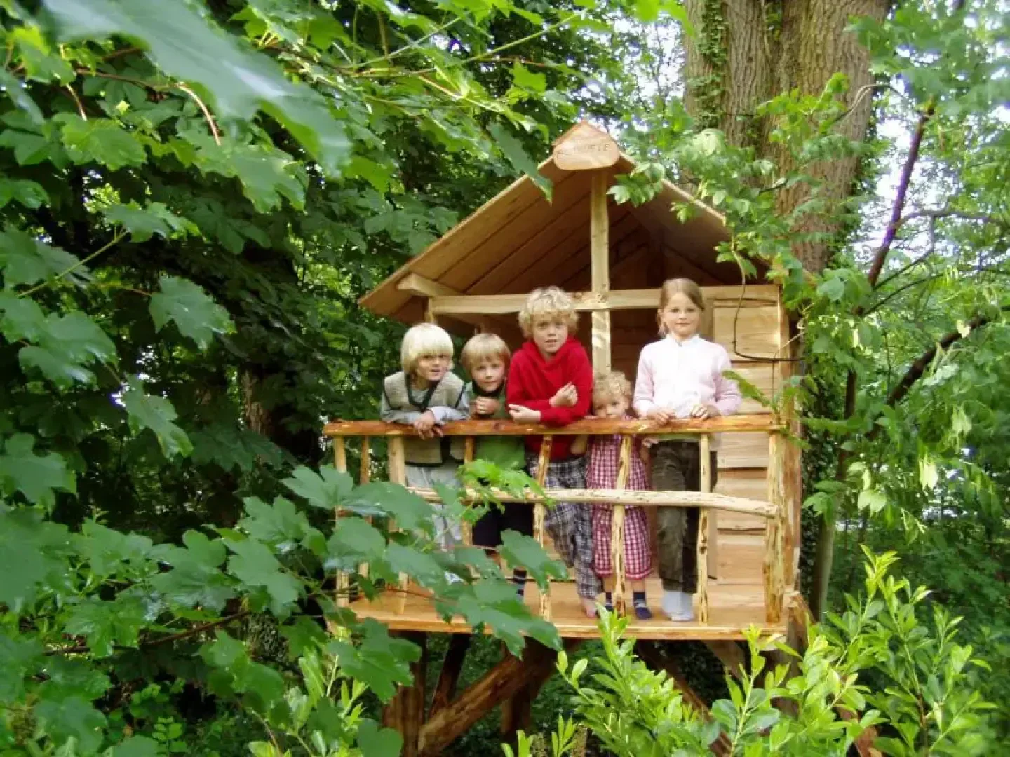 Five children stand and lean on the wooden railing of a treehouse surrounded by lush green leaves, smiling and looking toward the camera. The treehouse is nestled in the branches of a large tree.