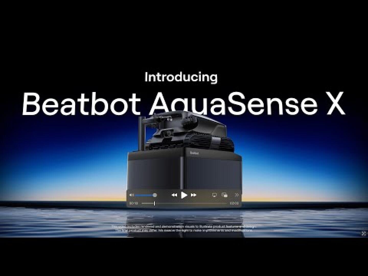 Ein schwarzer Roboter sitzt auf einer reflektierenden Wasseroberfläche mit einem blau-orangefarbenen Himmelshintergrund. Der Text darüber lautet: "Introducing Beatbot AquaSense X".