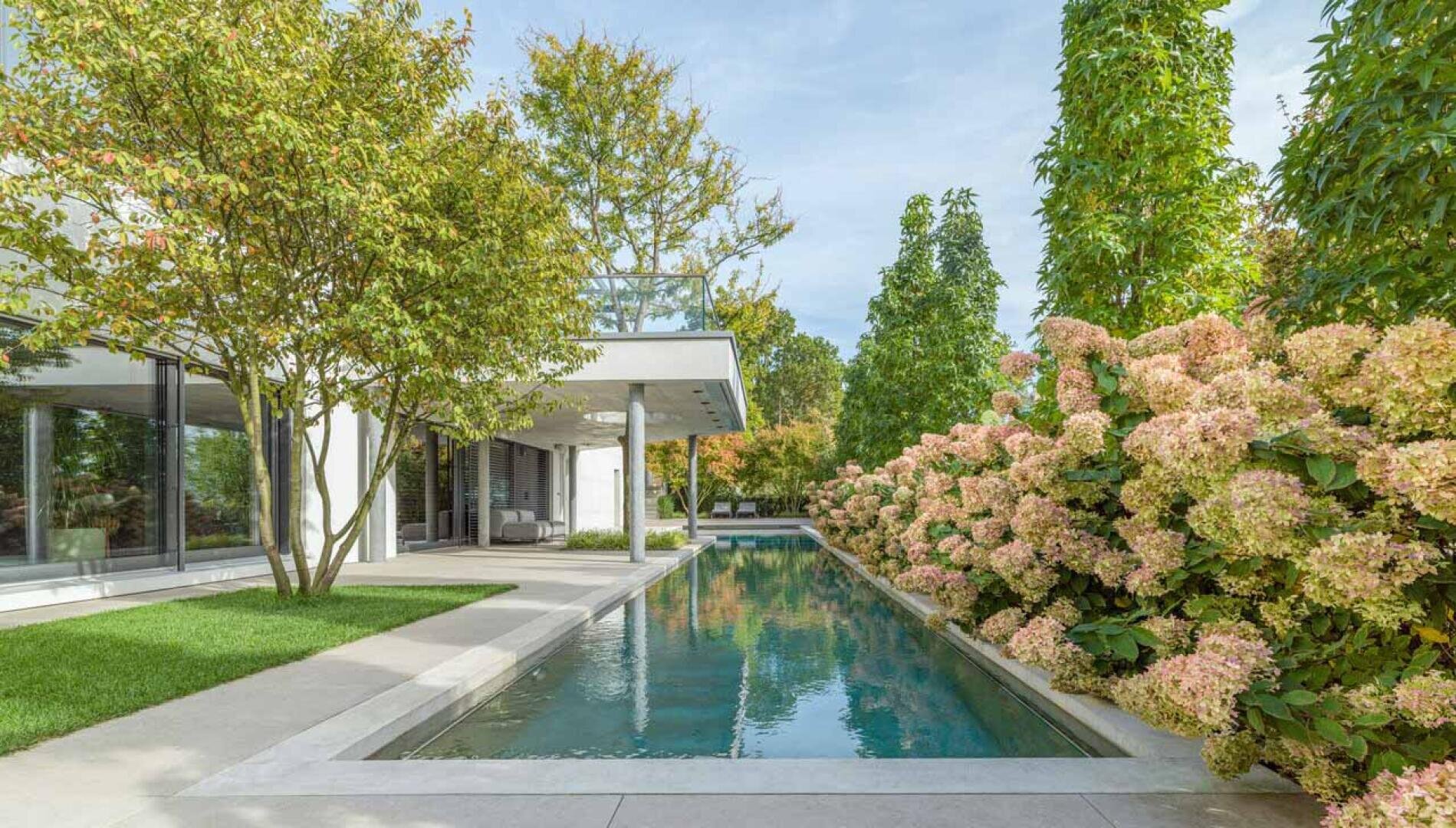 Ein modernes Haus mit großen Fenstern blickt auf einen schmalen, rechteckigen Swimmingpool, der auf der einen Seite von saftig grünem Gras und blühenden Hortensiensträuchern gesäumt ist, und auf der anderen Seite von einem strahlend blauen Himmel.