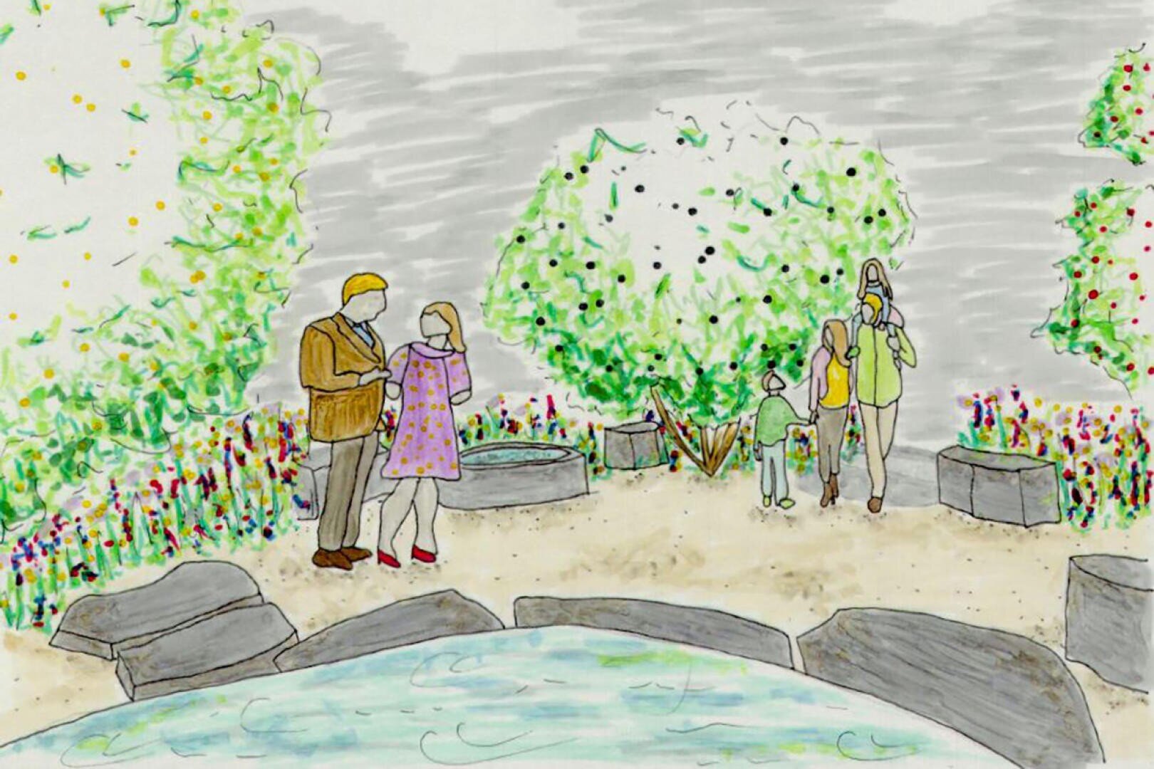Eine farbenfrohe Zeichnung zeigt zwei Erwachsene, die sich an einem kleinen Brunnen unterhalten, während eine andere Gruppe - zwei Erwachsene und zwei Kinder - zwischen blühenden Büschen und Bäumen in einem Garten unter einem bewölkten Himmel zusammensteht.