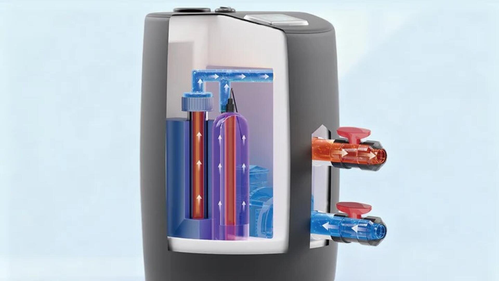 Cutaway view of a water heater showing internal pipes, red and blue valves, and arrows indicating the flow of heated and cold water through the system.