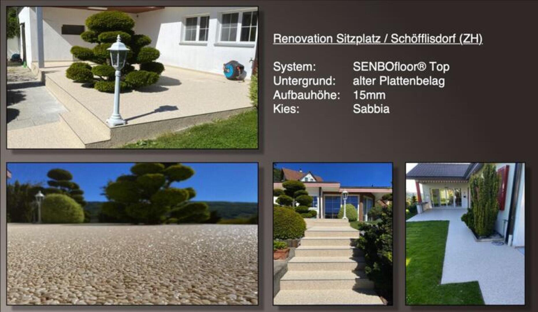 A collage showing a patio renovation with light gravel flooring, trimmed bushes, steps, and a white lamp post. Text gives renovation details, including materials and measurements, in German.