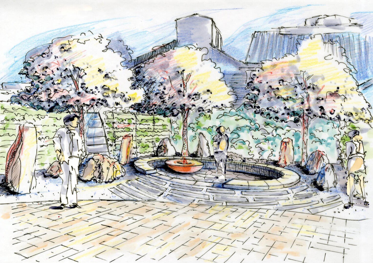 A hand-drawn sketch of a circular square with a central water fountain, surrounded by trees, stones and people standing or walking on paved paths, with buildings and green spaces in the background.
