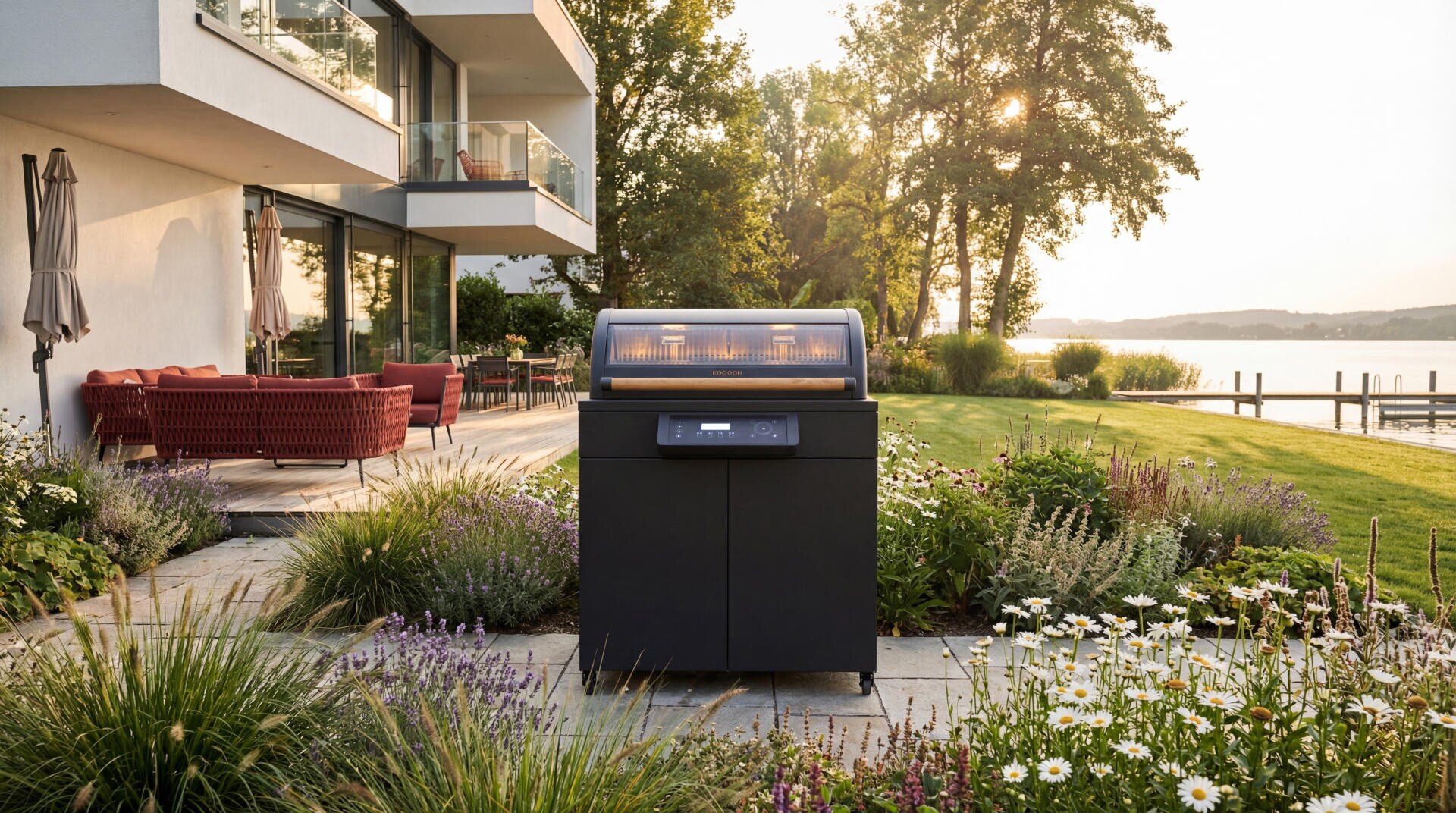 Ein moderner Grill steht auf einer Terrasse, umgeben von blühenden Pflanzen, mit Sitzgelegenheiten im Freien in der Nähe. Die Terrasse befindet sich neben einem modernen Haus mit Blick auf einen See bei Sonnenuntergang und schafft eine friedliche Atmosphäre im Freien.