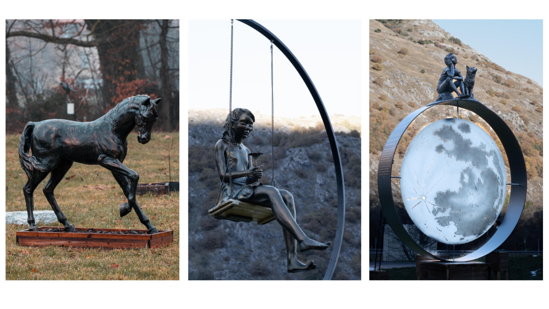 Drei Statuen für den Außenbereich: ein Pferd aus Bronze, das spazieren geht, ein Mädchen, das auf einer aufgehängten Schaukel liest, und eine Person, die auf einer großen runden Skulptur sitzt, die einem Mond ähnelt, mit einer hügeligen Landschaft im Hintergrund.