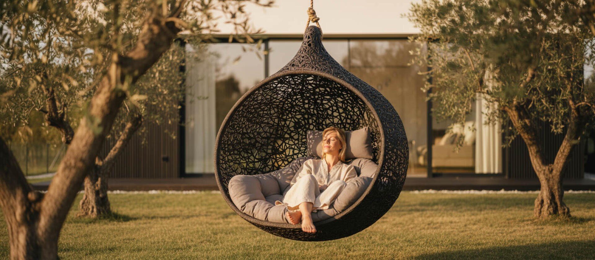 Eine Frau entspannt sich in einem großen, geflochtenen Hängesessel in Form einer Träne, umgeben von Bäumen in einem sonnenbeschienenen Garten, mit einem modernen Gebäude im Hintergrund.