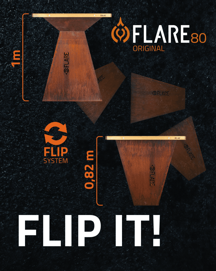 Top view of two wooden objects with the inscription FLARE in upright and upside-down position, with the inscription "FLARE80 ORIGINAL", "FLIP SYSTEM", "1m", "0.82m" and the large inscription "FLIP IT!".