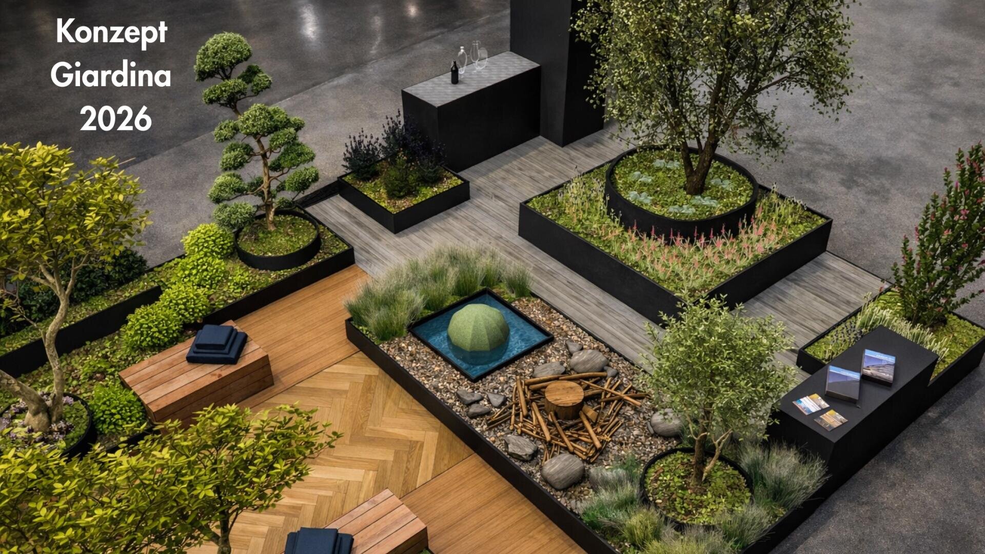 Modernes Gartenexponat mit geometrischen Holzwegen, erhöhten schwarzen Pflanzgefäßen, Steinen, Grünpflanzen, einem kleinen Brunnen und Bänken, ausgestellt im Innenbereich. In der oberen linken Ecke steht der Text Konzept Giardina 2026.