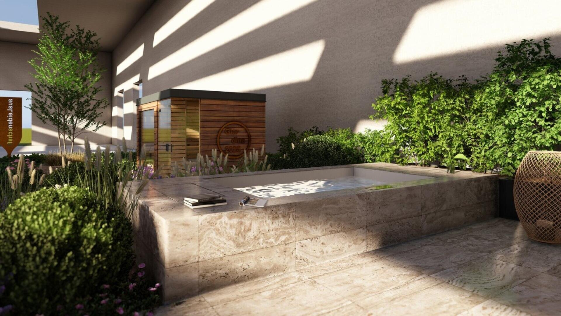 A modern outdoor patio features a rectangular stone hot tub surrounded by lush green plants and shrubs, with sunlight streaming through overhead slats, creating striking shadows on the walls and floor. A wooden sauna is in the background.