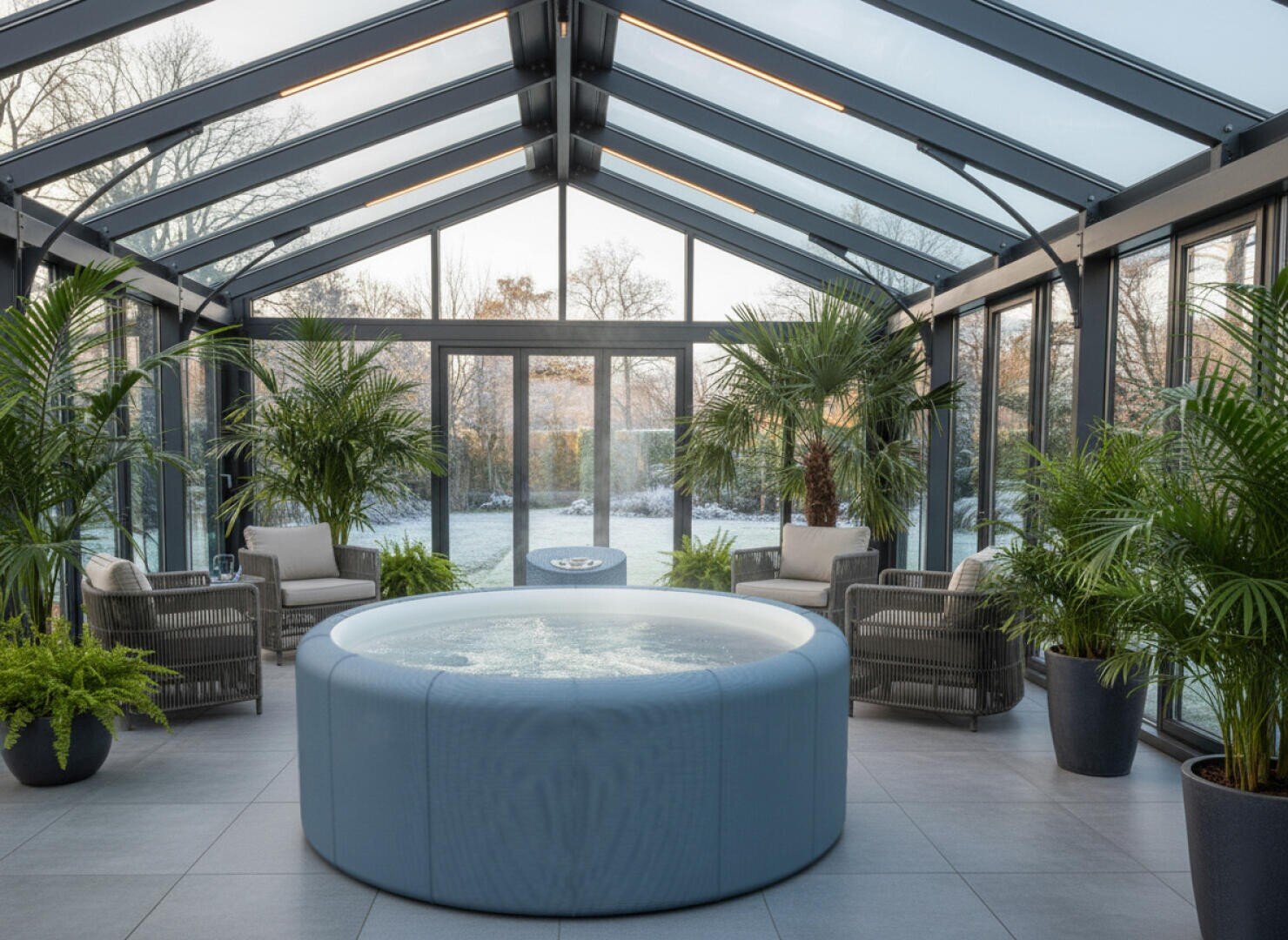 A modern, glass-roofed conservatory with a round hot tub in the middle, surrounded by tropical potted plants and four wicker armchairs. You can see the snow-covered trees outside through the floor-to-ceiling windows.