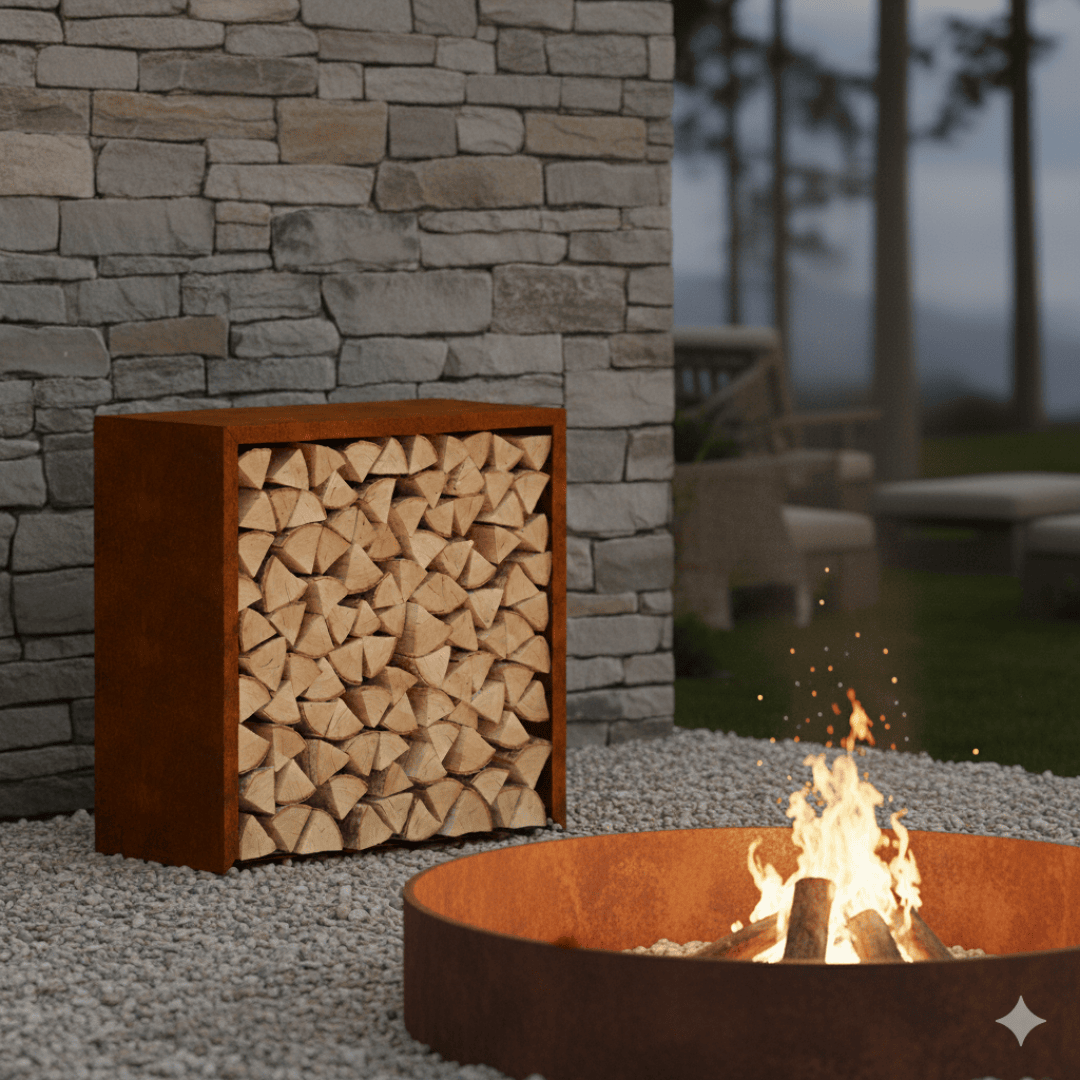 A modern outdoor scene with a metal firewood storage rack filled with cut wood, placed on gravel near a round, rusted steel fire pit with a burning fire. A stone wall and outdoor furniture are visible in the background.
