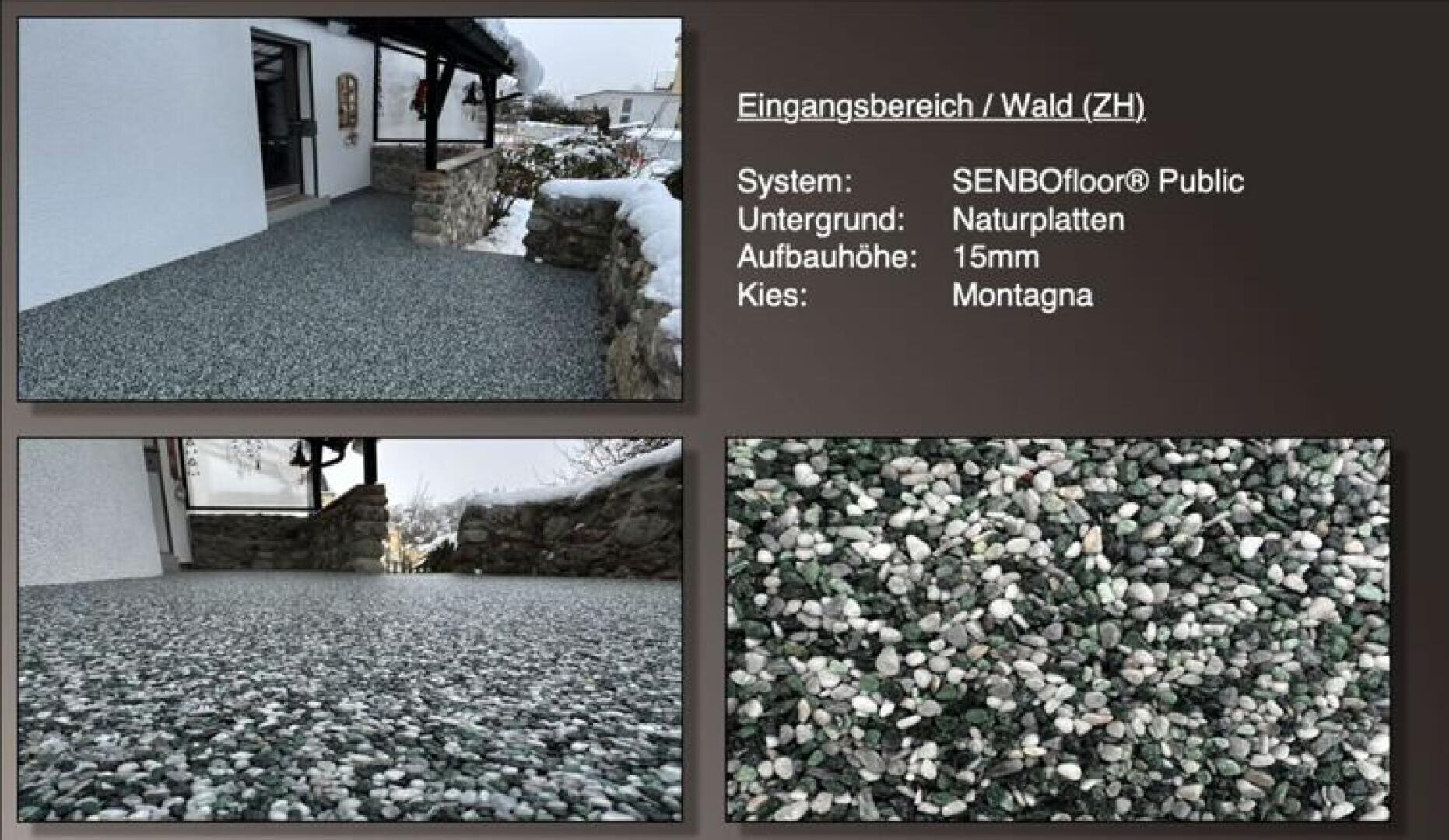 Outdoor entrance area with a stone and pebble floor. Three images show the surface close up and from different angles. Text details the flooring system, base layer, height, and type of pebbles used. Snow is visible in the background.