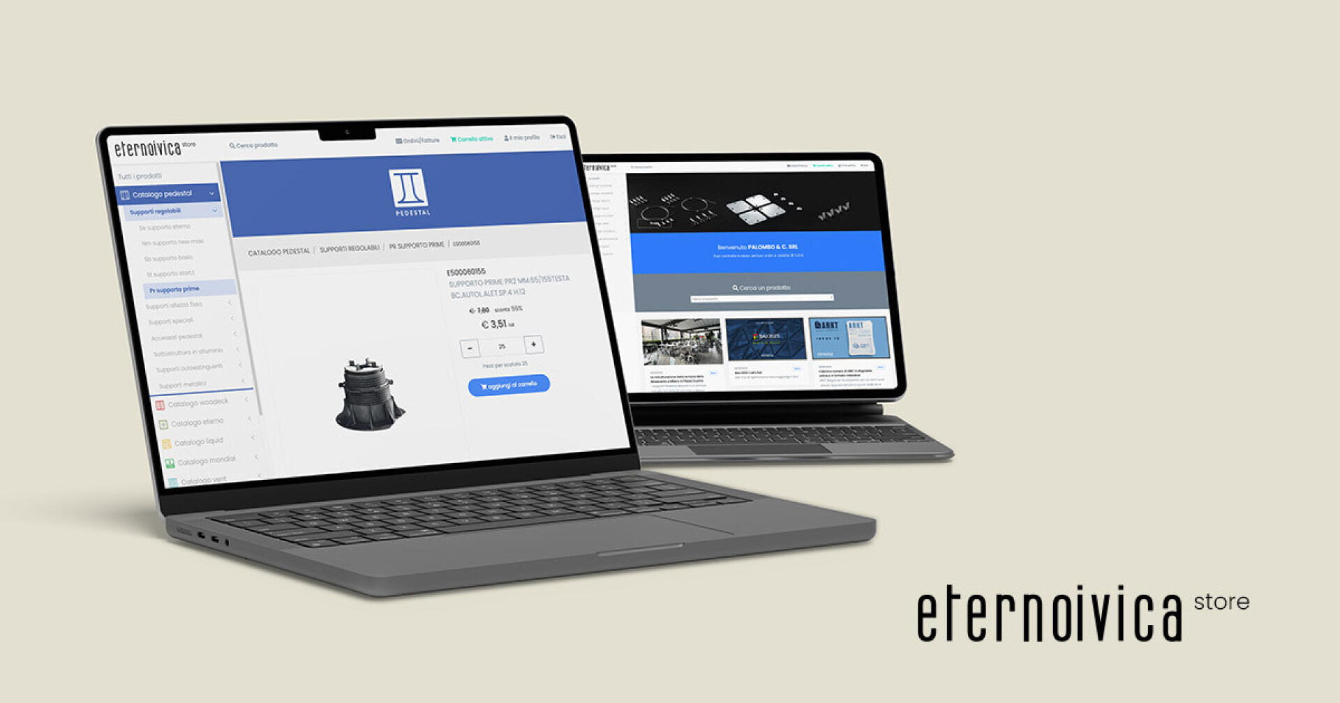 Zwei geöffnete Laptops auf einer beigen Oberfläche zeigen die Website des Eternoivica-Ladens mit Produktlisten und technischen Details auf ihren Bildschirmen. Das Logo des Eternoivica-Stores erscheint in der unteren rechten Ecke.