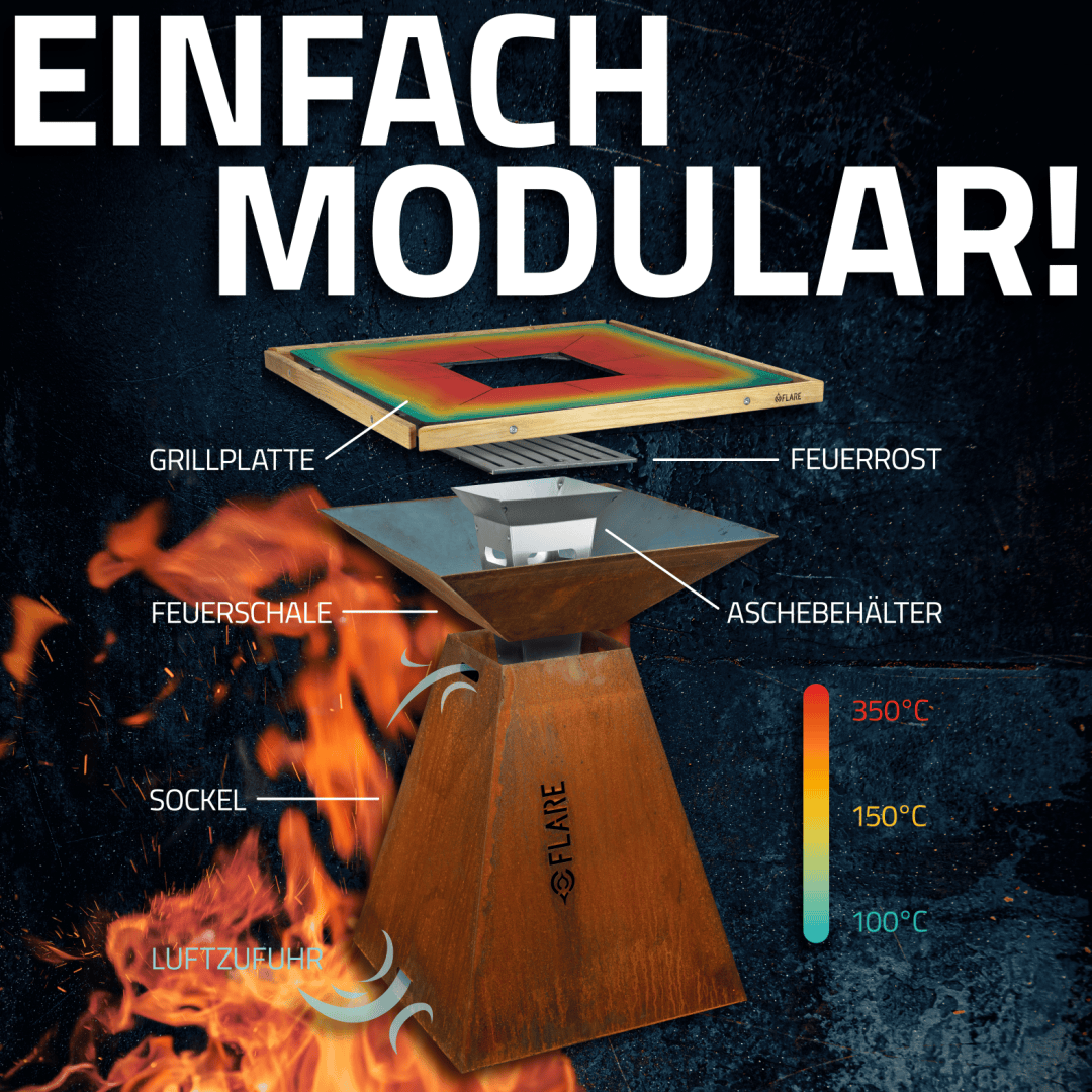 Exploded view of a modular outdoor grill with labeled parts: Grill plate, fire grate, fire bowl, ash container, base and air supply. A heat map shows temperature zones from 100°C to 350°C. The text reads SIMPLY MODULAR!.