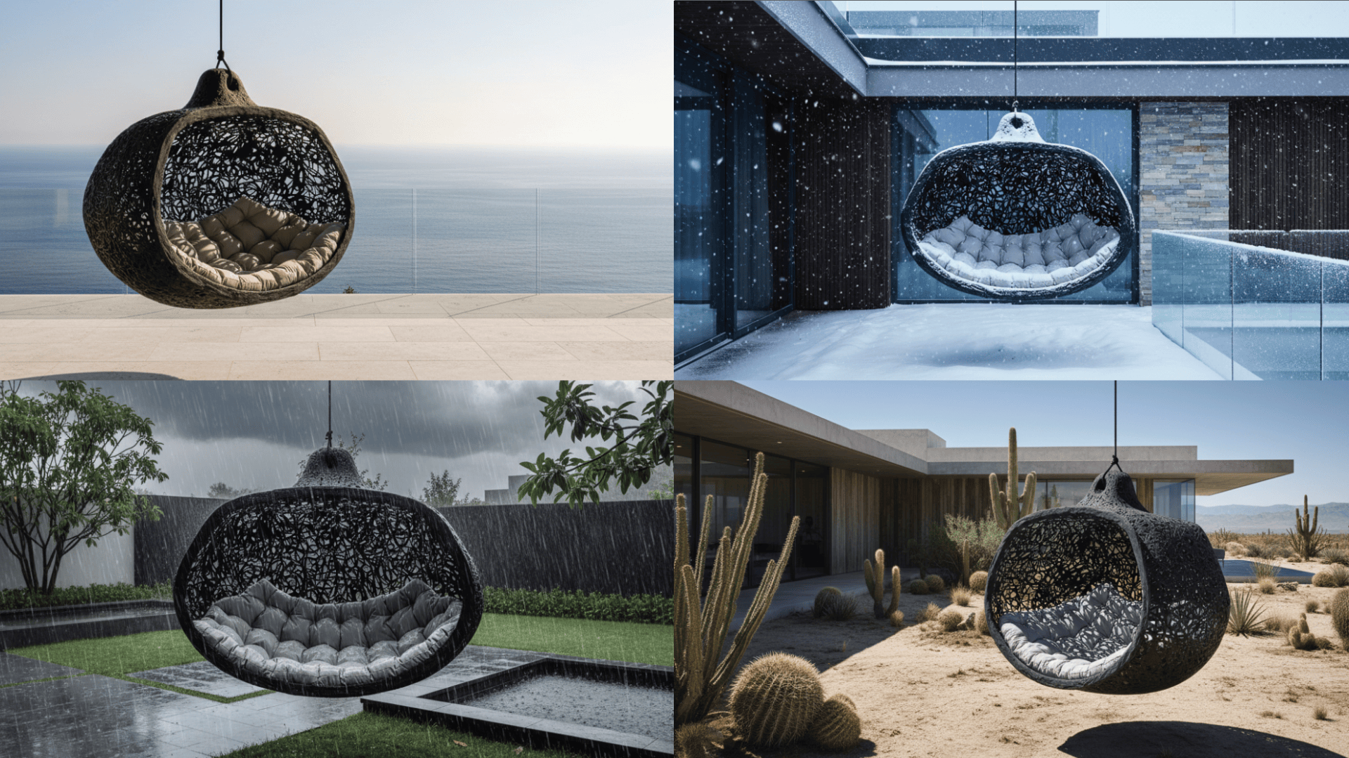 Ein Hängesessel aus Korbgeflecht mit einem Kissen ist in vier Außenbereichen abgebildet: am Meer, im Schnee neben einem modernen Haus, im Regen in der Nähe eines Gartens und in einer sonnigen Wüste mit Kakteen.