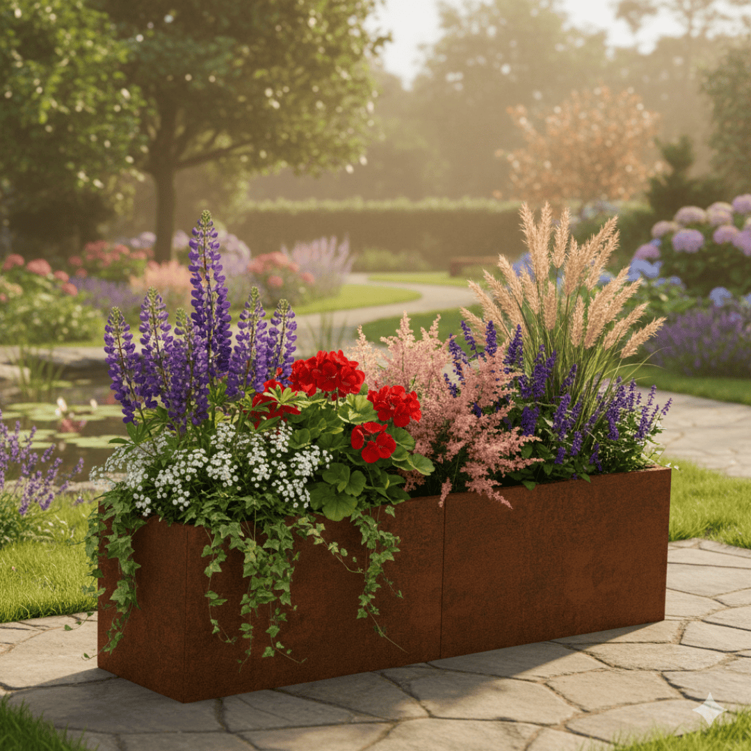 A raised rectangular planter with blooming red, purple, pink, and white flowers and green foliage sits on a stone path in a lush garden on a sunny day. Trees and shrubs are visible in the background.