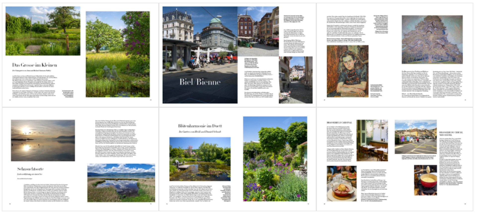 A magazine layout with eight pages featuring landscaped gardens, city scenes, portraits, nature views, and text in German. The pages are colorful, combining photos of outdoor scenes, artwork, and people with descriptive text blocks.