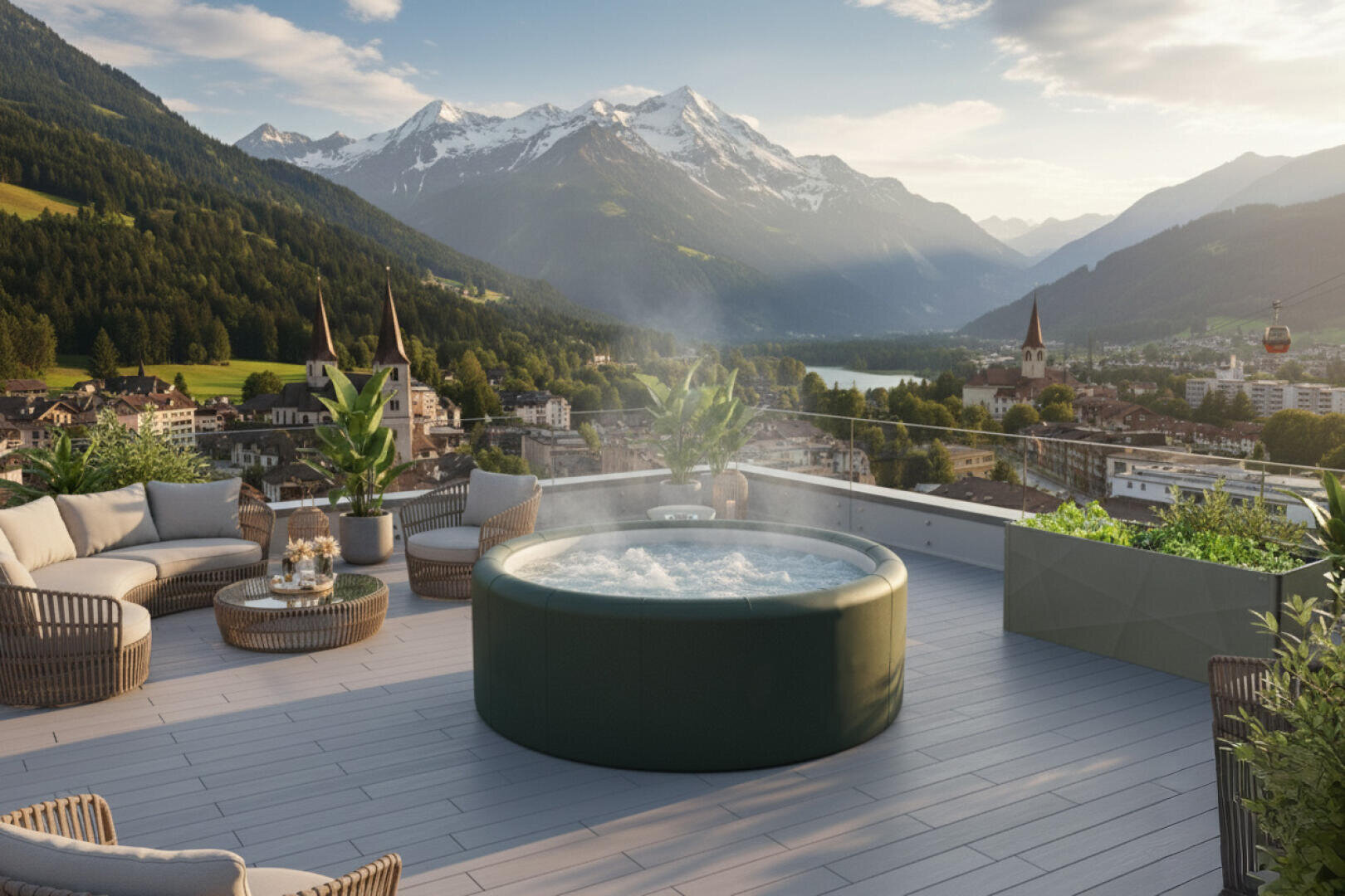 A roof terrace with whirlpool offers a view of a picturesque town, green hills and snow-capped mountains under a clear sky. Comfortable patio furniture and potted plants adorn the modern outdoor area.