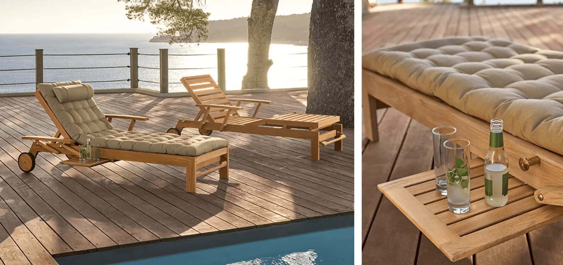 Two wooden lounge chairs with beige cushions are on a deck overlooking the ocean at sunset; a close-up shows a built-in side table holding drinks next to one of the chairs.