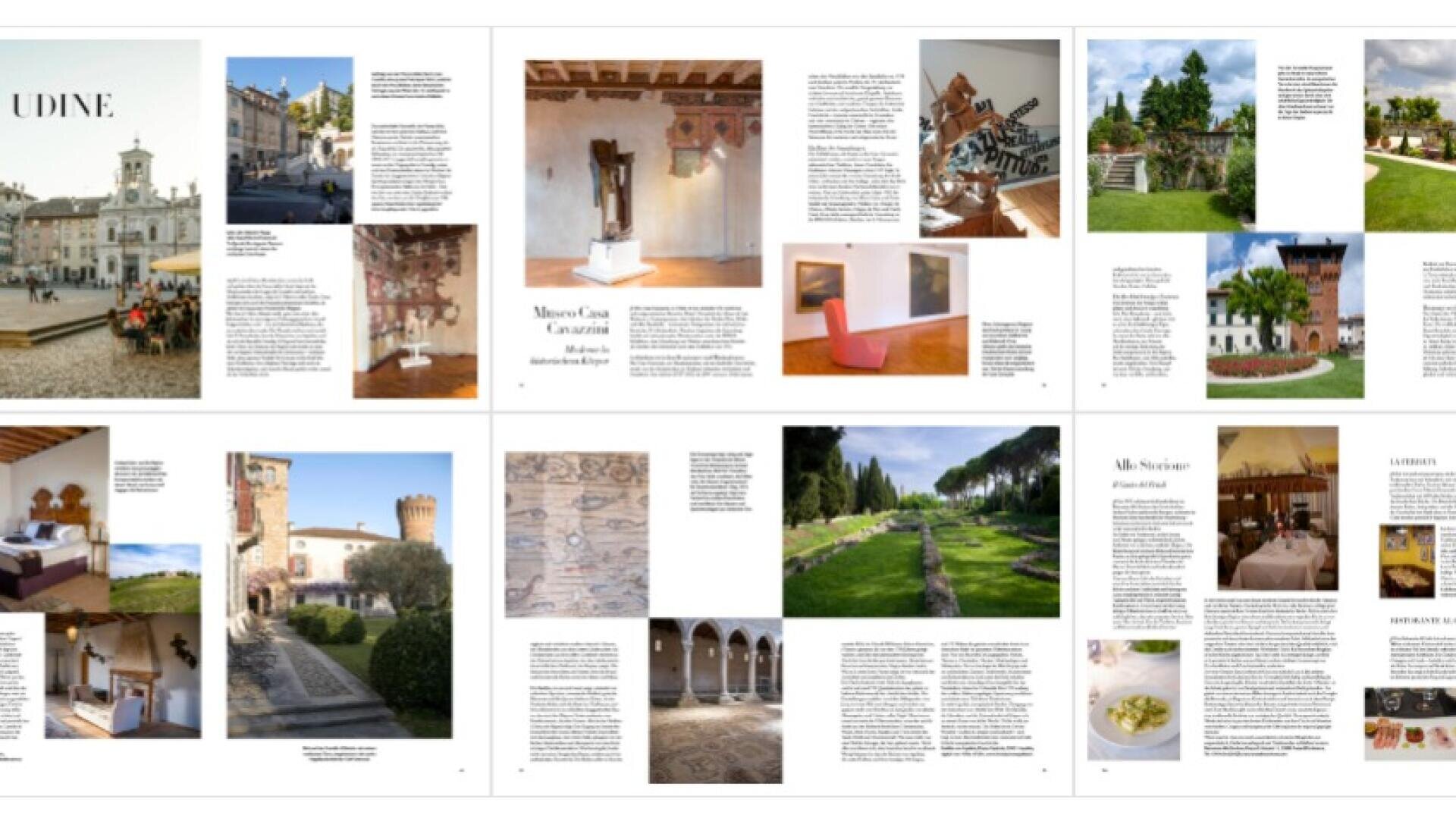 Four magazine spreads feature photos of Italian architecture, gardens, art, and food, with accompanying text about Udine, museums, historic sites, and local cuisine. The layout has a clean, elegant design.