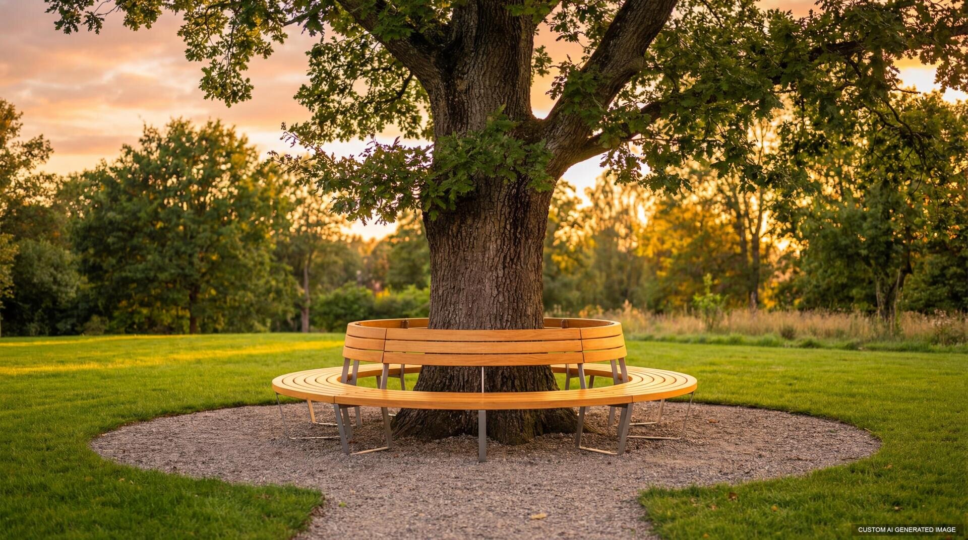 A large tree stands in the middle of a grassy park, surrounded by a round wooden bench. The sun sets in the background and casts a warm, golden light on the peaceful green landscape.