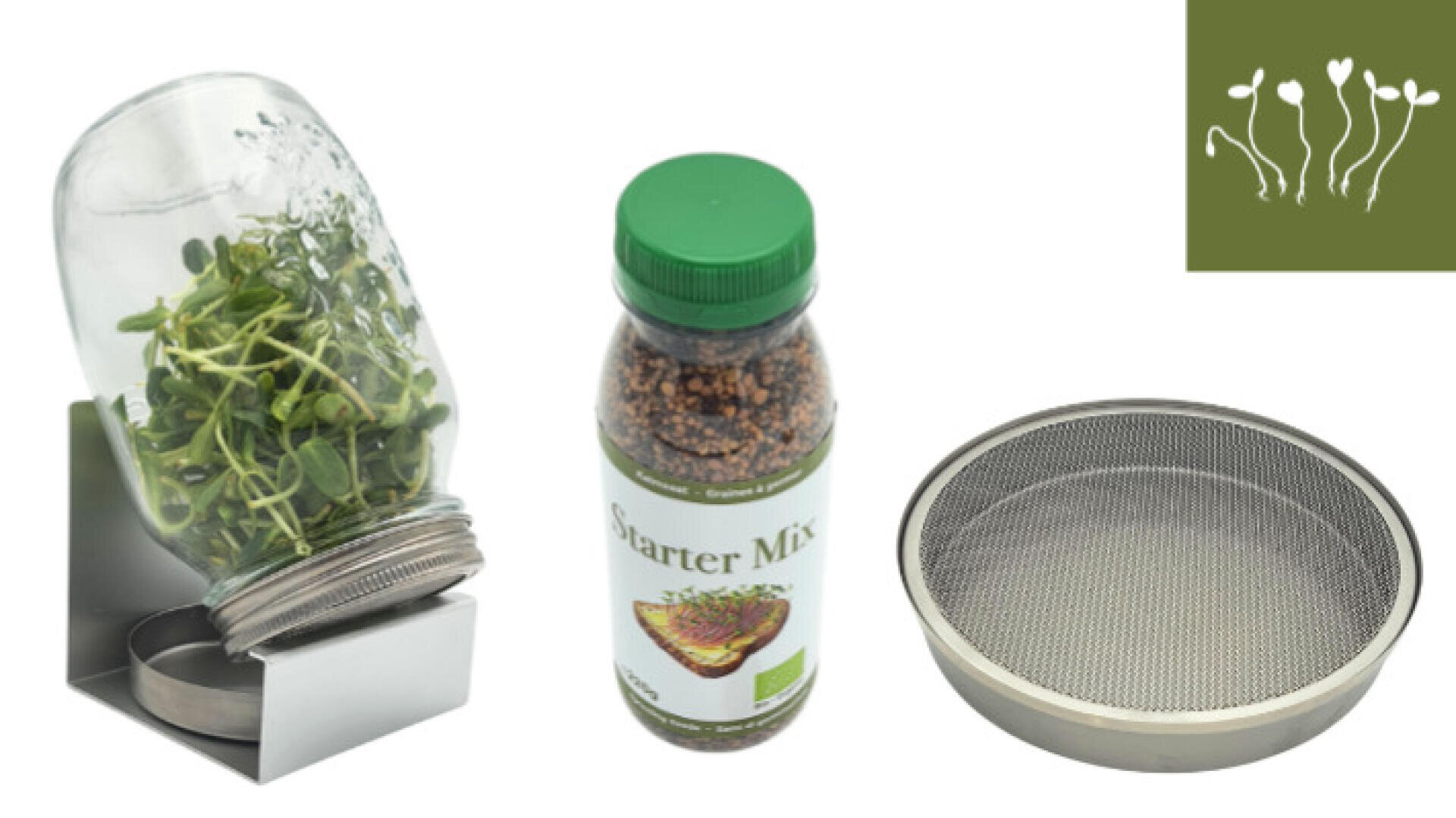 Ein Keimglas mit grünen Sprossen auf einem Metallständer, eine Flasche mit der Aufschrift "Starter Mix" mit Samen und ein rundes Sieb, dargestellt auf einem weißen Hintergrund mit einem grünen Quadrat mit weißen Sprossenabbildungen.