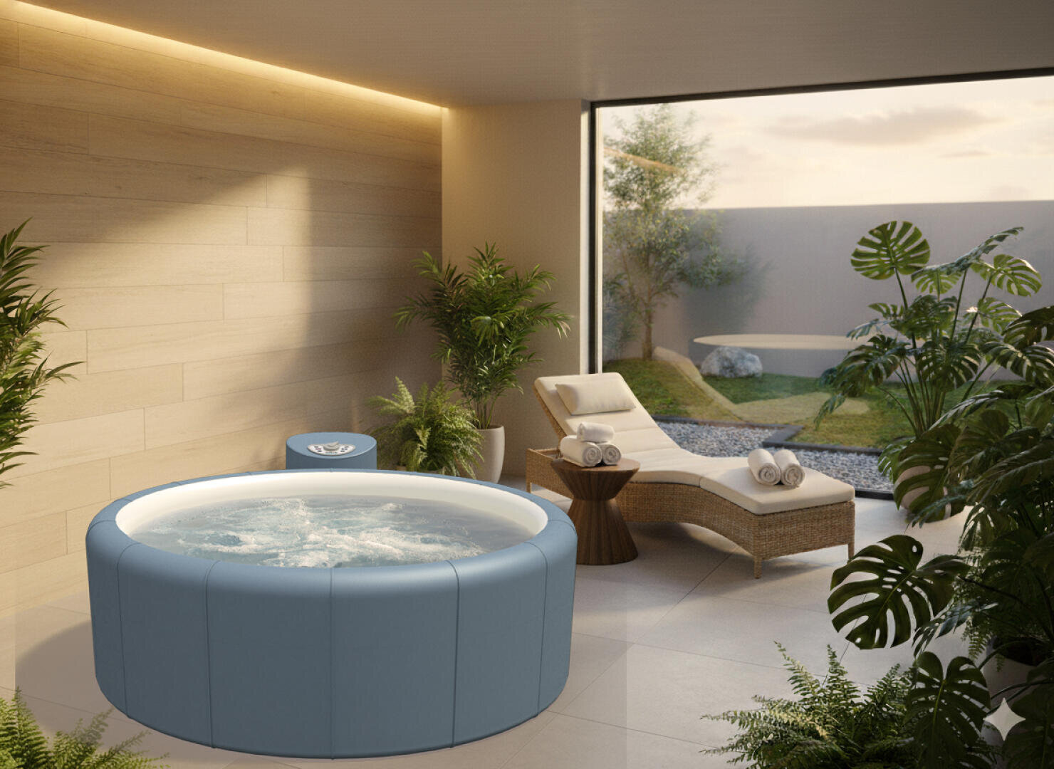 A modern indoor spa room with a round blue whirlpool, a wicker chair with rolled towels, several green plants and large windows overlooking a small outdoor garden.