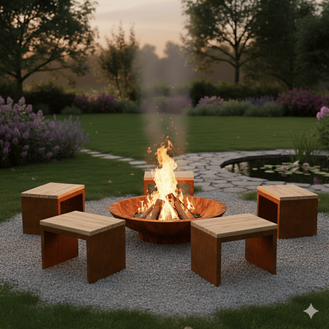 A fire pit with burning logs is surrounded by four wooden stools on a gravel area in a landscaped garden, with green grass, flowering plants, and trees in the background at sunset.