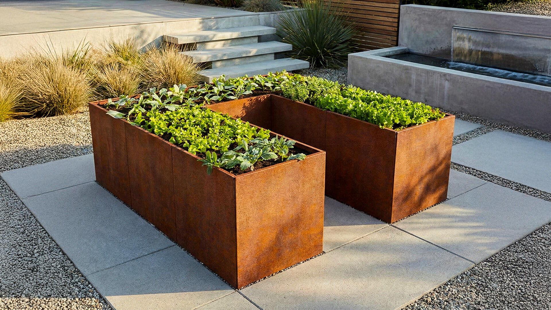Two rectangular, rust-colored metal raised beds filled with green plants stand on a modern terrace with concrete paving and gravel. Shrubs and grasses are planted all around, with steps and a water feature in the background.