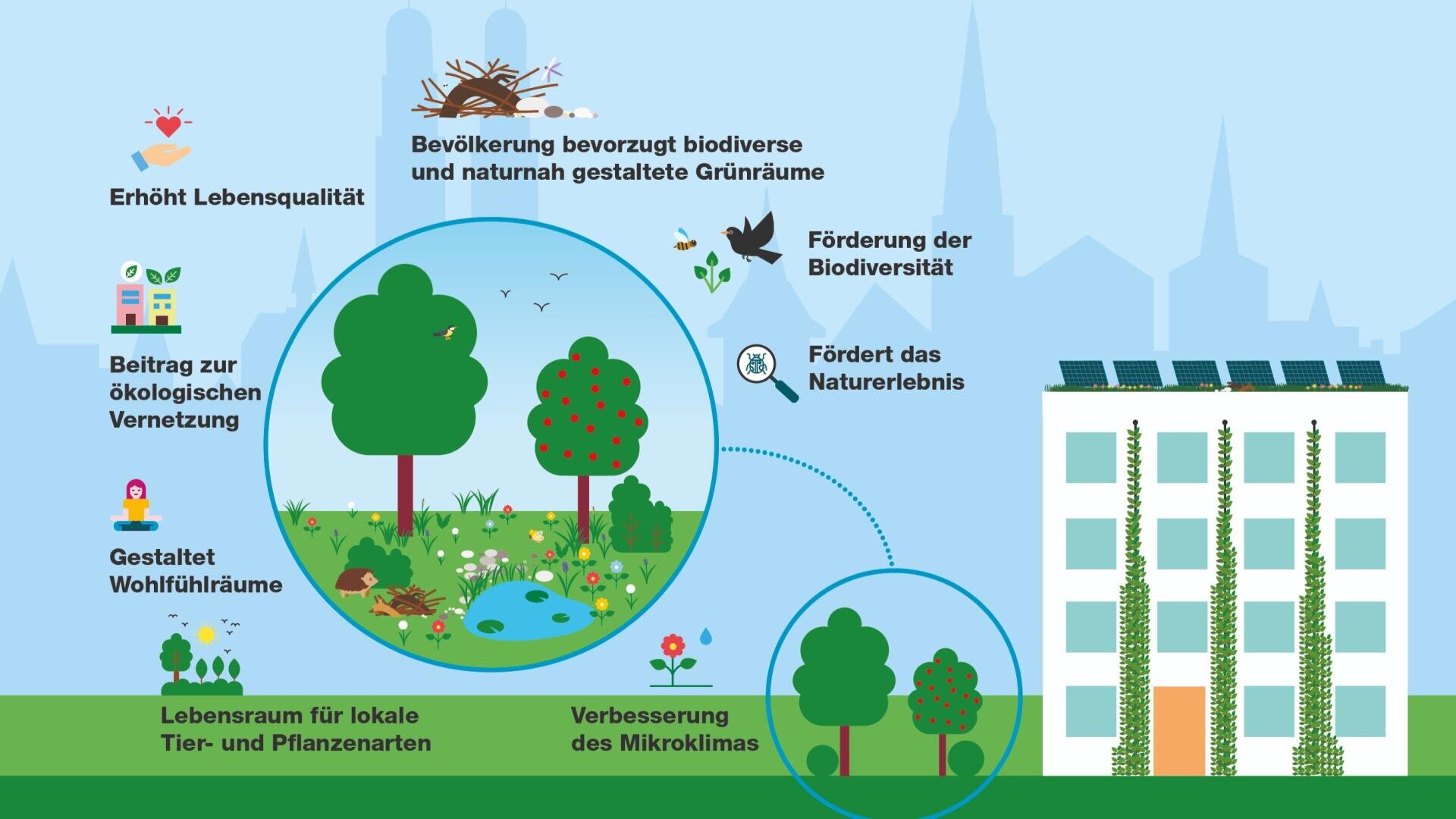 Infografik mit Symbolen und Illustrationen zu den Vorteilen von Grünflächen in Städten, wie z. B. höhere Lebensqualität, biologische Vielfalt, ökologische Vernetzung, verbessertes Mikroklima, Lebensraum für Arten und gesteigertes Wohlbefinden.