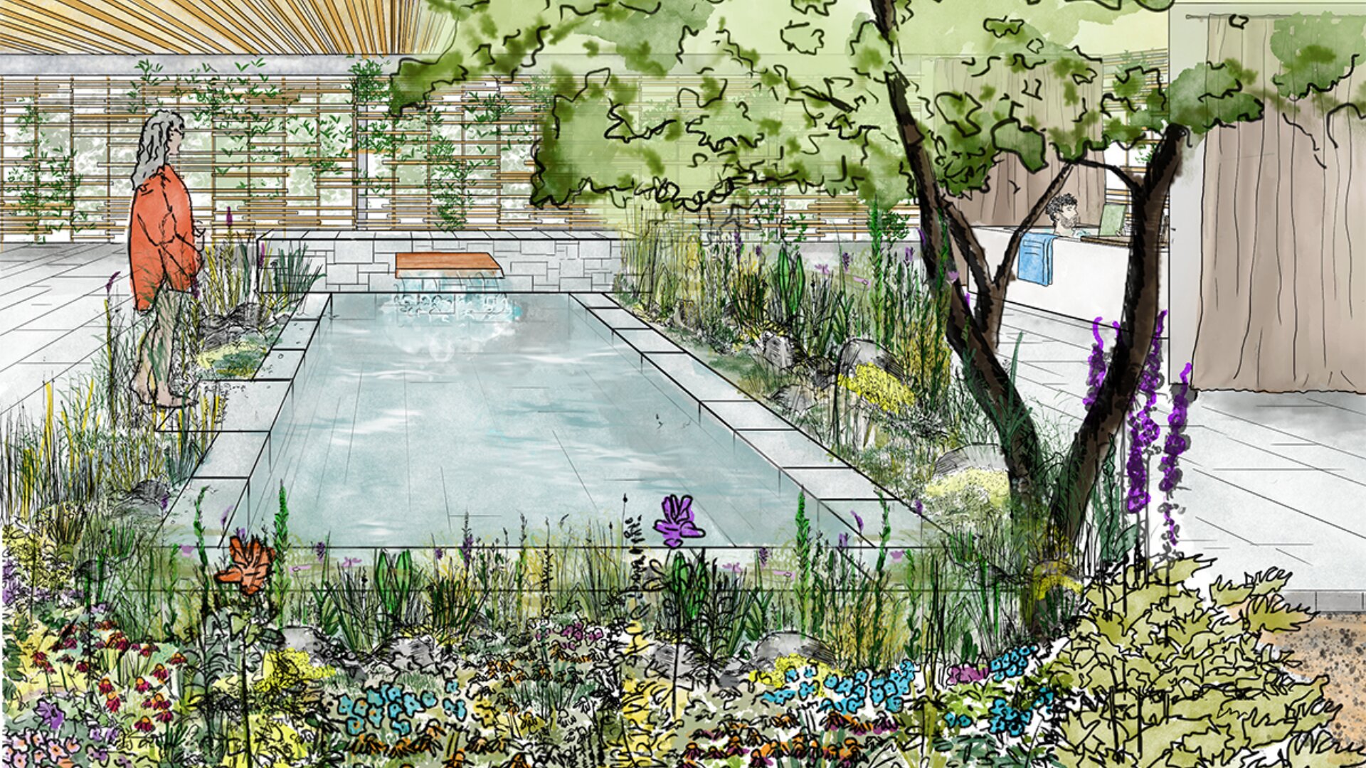 Illustrierte Gartenszene mit einem rechteckigen Teich, umgeben von üppigen Pflanzen und Blumen. Eine Person in einer roten Jacke steht am Wasser. Bäume und Holzzäune umschließen den friedlichen, modernen Außenbereich.