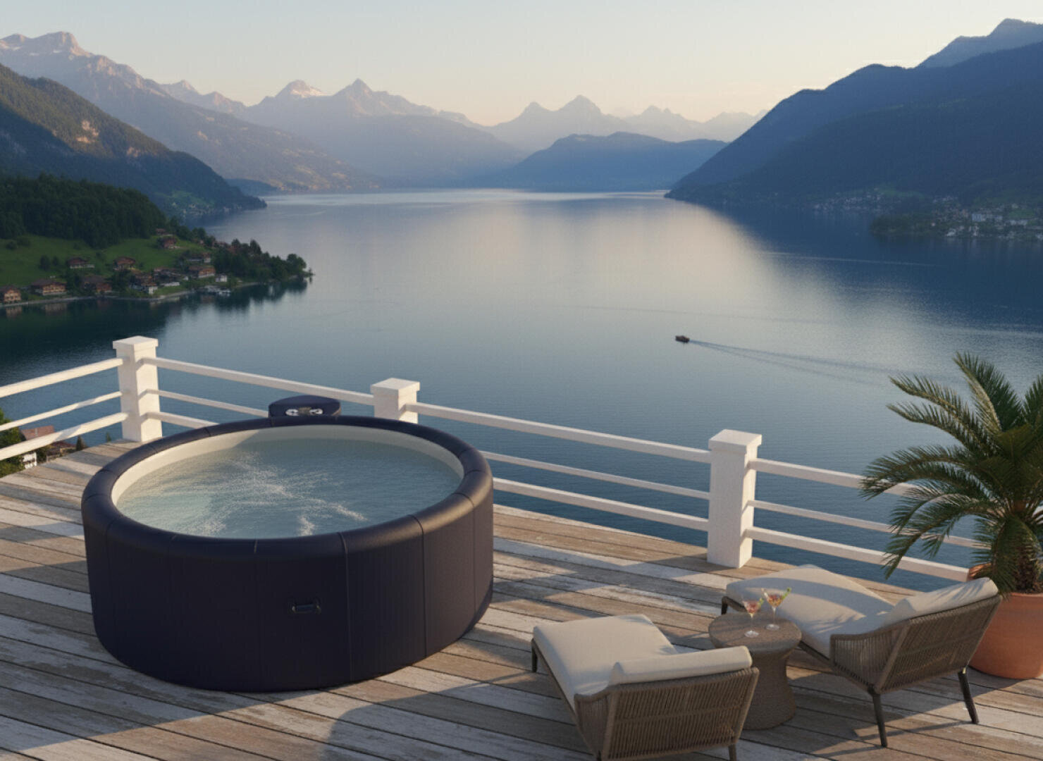 A round hot tub sits on a terrace overlooking a tranquil lake surrounded by mountains. Two lounge chairs and a small table stand next to the hot tub, and a palm tree stands nearby. In the distance, a boat glides across the water.